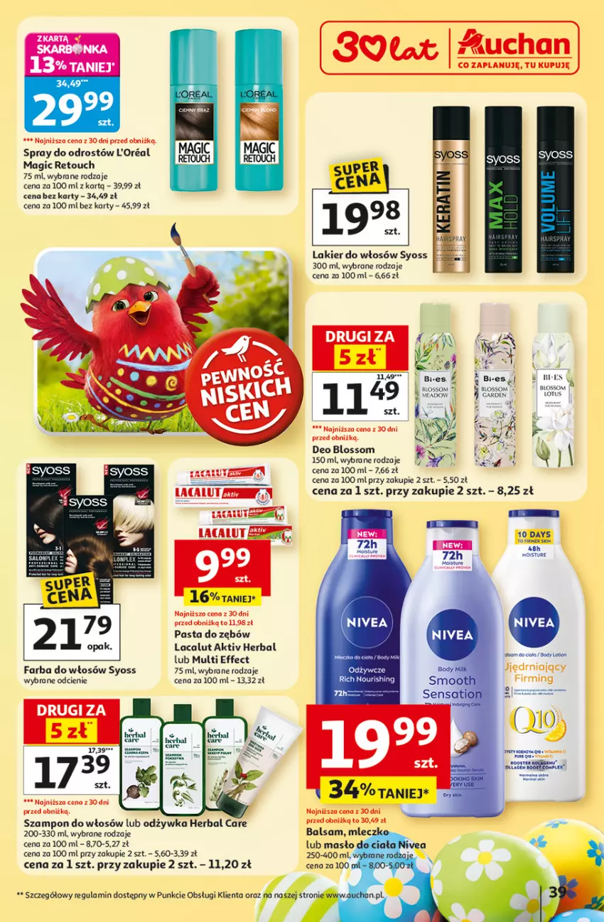 Gazetka promocyjna Auchan - Gazetka 30 Lat Hipermarket Auchan - ważna 19.03 do 25.03.2026 - strona 39 - produkty: Fa, Farba do włosów, Lacalut, Lakier, Lakier do włosów, Masło, Odżywka, Pasta do zębów, Syoss, Szampon, Taca