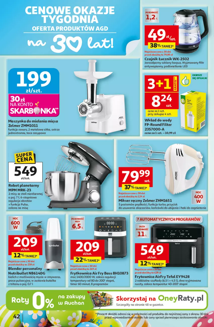 Gazetka promocyjna Auchan - Gazetka 30 Lat Hipermarket Auchan - ważna 19.03 do 25.03.2026 - strona 42 - produkty: Blender, Czajnik, Fa, Gra, Maszynka, Maszynka do mielenia, Mikser, Mikser ręczny, Por, Robot, Robot planetarny, Ser, Szynka, Taca, Tefal, Top, Zelmer