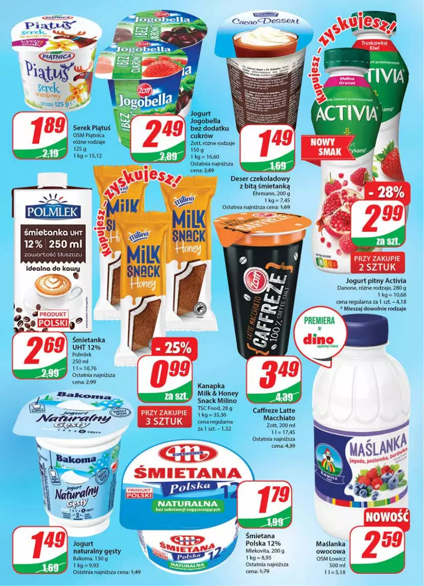 Gazetka promocyjna Dino - Gazetka 19 - ważna 10.05 do 16.05.2023 - strona 14 - produkty: Activia, Bakoma, Bell, Bella, Chia, Danone, Deser, Jogobella, Jogurt, Jogurt pitny, Maślanka, Mleko, Mlekovita, Piątnica, POLMLEK, Ser, Serek, Zott