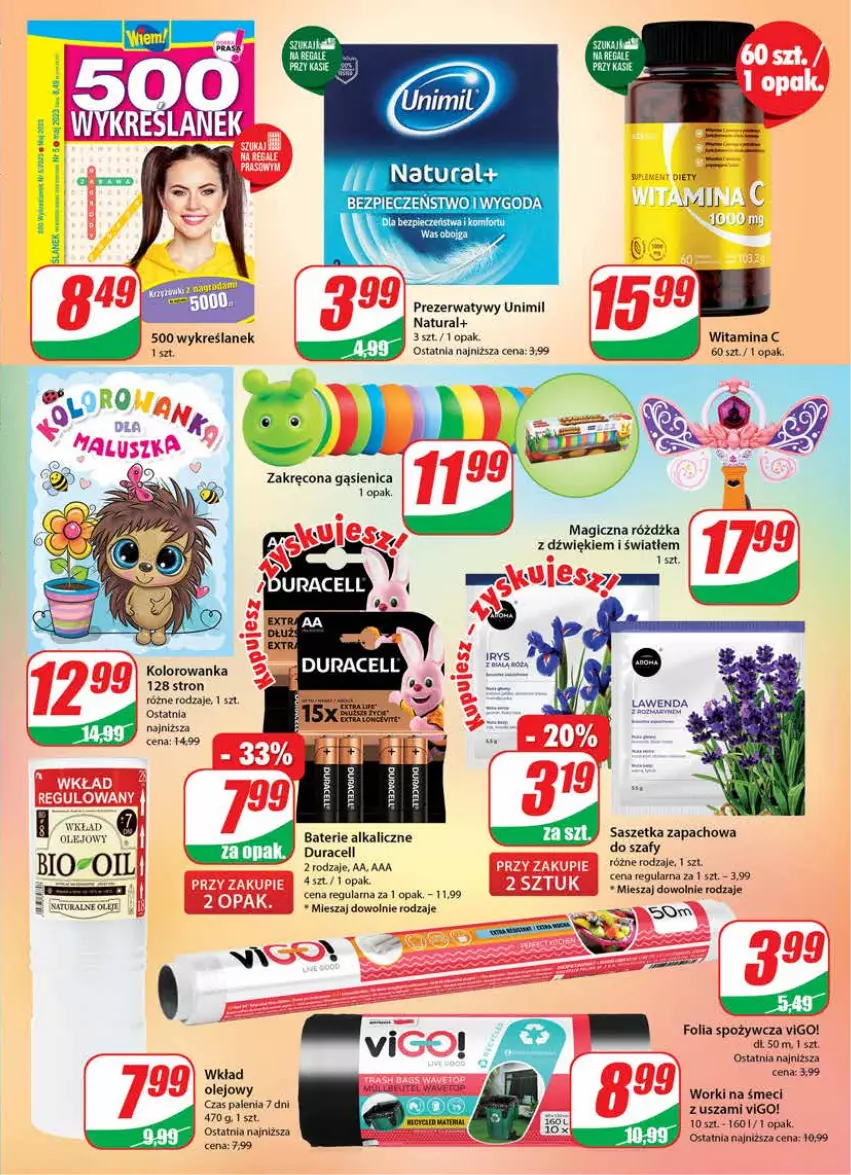 Gazetka promocyjna Dino - Gazetka 19 - ważna 10.05 do 16.05.2023 - strona 21 - produkty: Baterie alkaliczne, Duracell, Kolorowanka, Olej, Piec, Prezerwatyw, Unimil