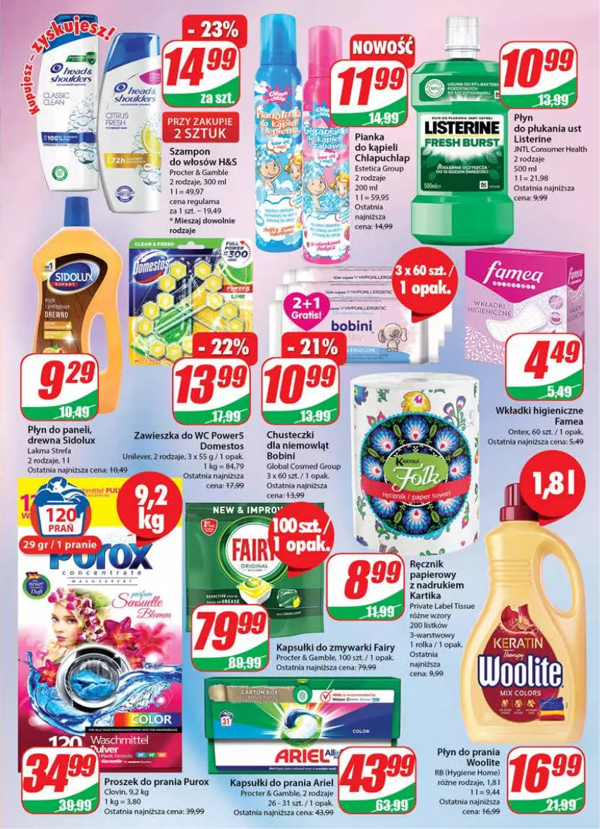 Gazetka promocyjna Dino - Gazetka 19 - ważna 10.05 do 16.05.2023 - strona 23 - produkty: Ariel, Chusteczki, Domestos, Fa, Fairy, Kapsułki do prania, Listerine, Lovi, Papier, Płyn do płukania, Płyn do prania, Proszek do prania, Pur, Ręcznik, Szampon, Wkładki, Woolite, Zawieszka do wc, Zmywarki