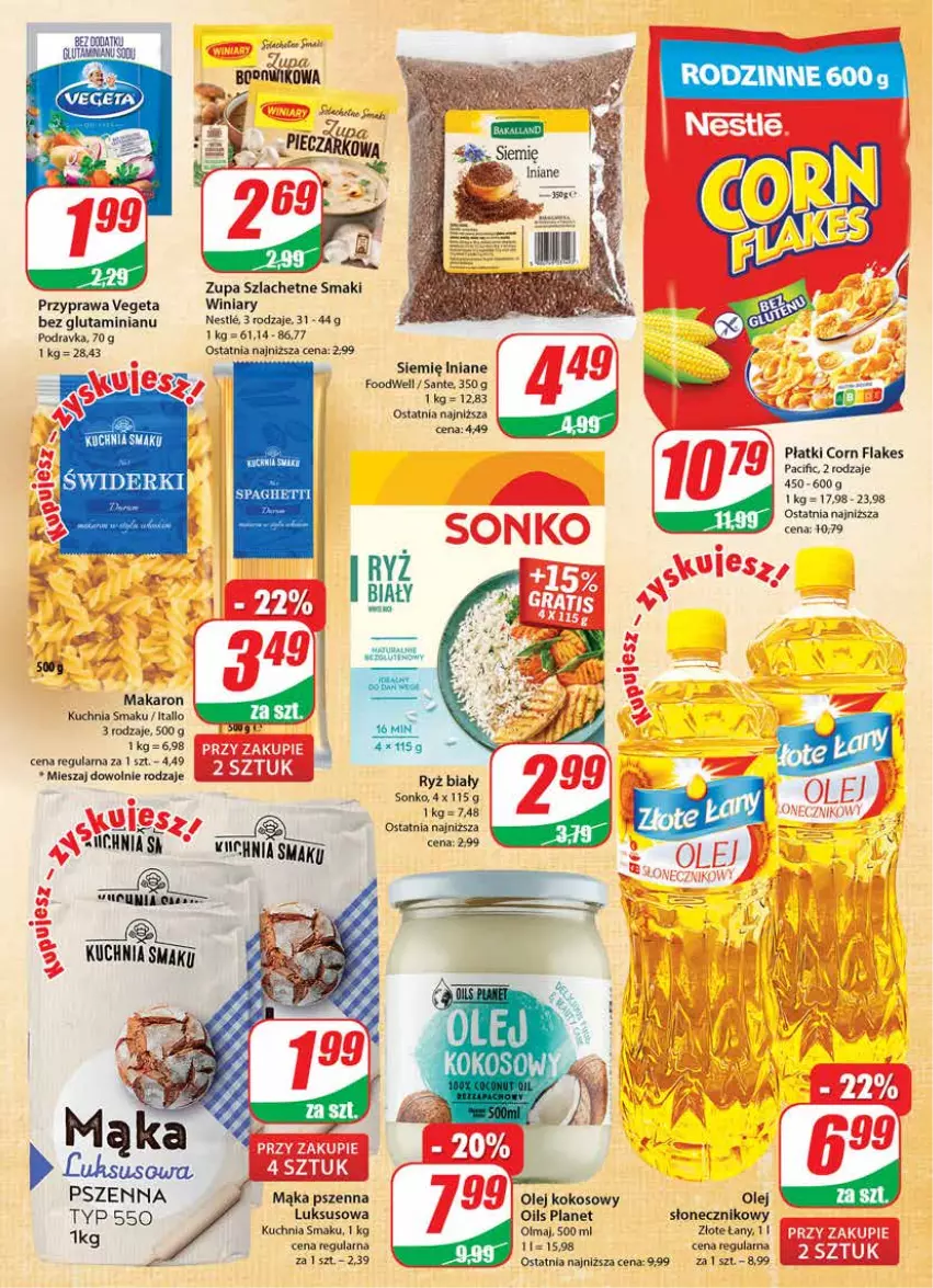 Gazetka promocyjna Dino - Gazetka 19 - ważna 10.05 do 16.05.2023 - strona 7 - produkty: Cif, Corn flakes, Kokos, Kuchnia, Mąka, Mąka pszenna, Makaron, Olej, Olej kokosowy, Olma, Podravka, Ryż, Ryż biały, Sante, Siemię Iniane, Sonko, Vegeta, Wiko, Winiary, Zupa