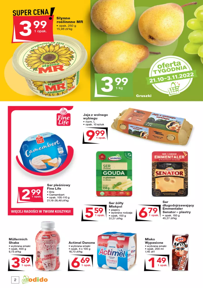 Gazetka promocyjna Odido - Gazetka - ważna 21.10 do 03.11.2022 - strona 2 - produkty: Actimel, Danone, Emmental, Gruszki, Jaja, Jaja z wolnego wybiegu, Mleko, Ser, Ser pleśniowy, Słynne