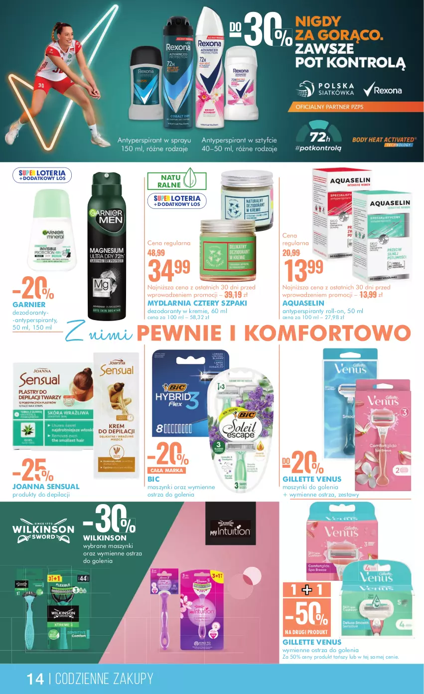 Gazetka promocyjna Super Pharm - Gazetka - ważna 12.09 do 25.09.2024 - strona 14 - produkty: Antyperspirant, Aquaselin, BIC, Dezodorant, Garnier, Gillette, Gillette Venus, Joanna, Sensual, Venus