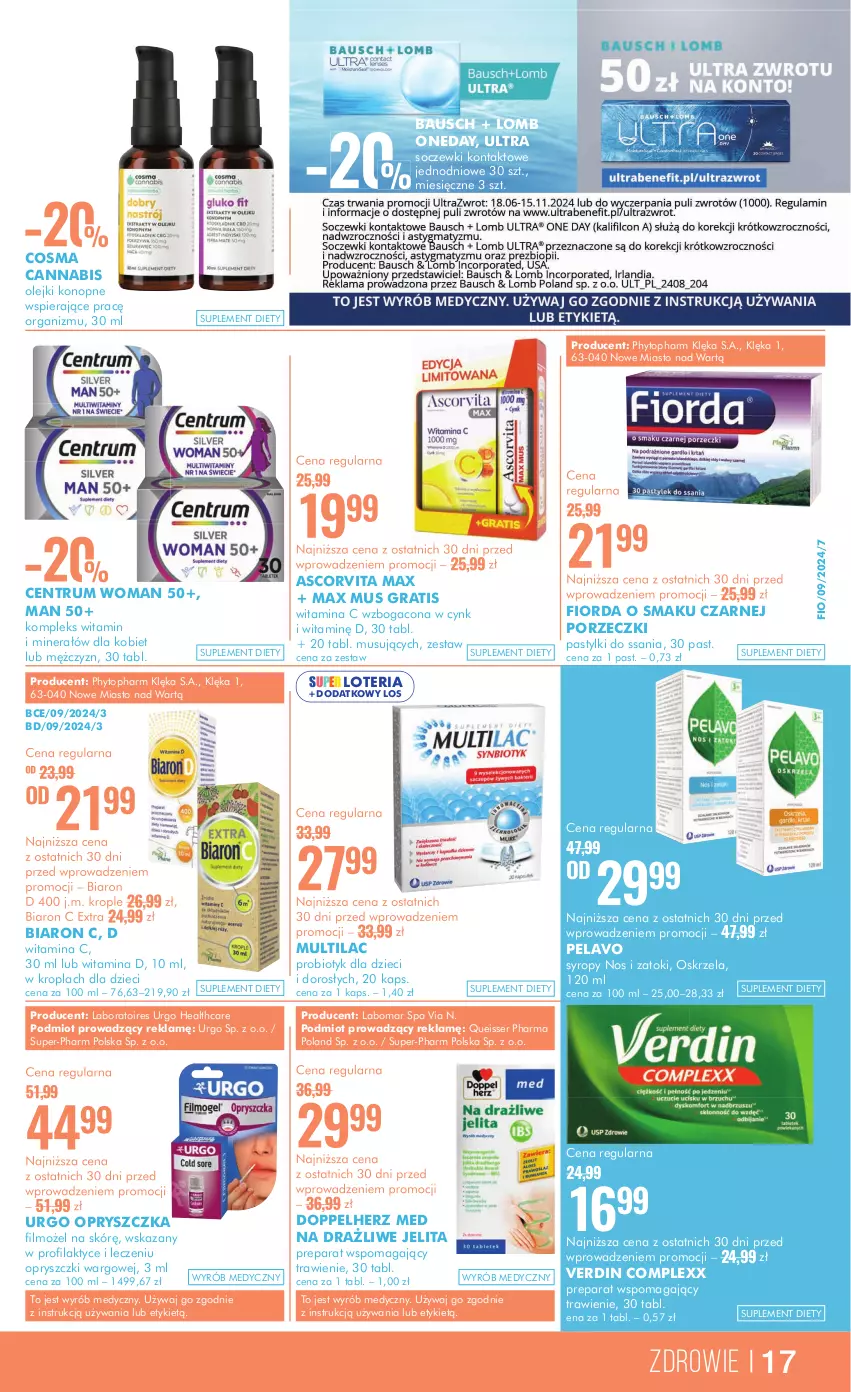 Gazetka promocyjna Super Pharm - Gazetka - ważna 12.09 do 25.09.2024 - strona 17 - produkty: Cynk, Doppelherz, Dzieci, Fiorda, Gra, Multilac, Mus, Olej, Pastylki, Phyto, Por, Probiotyk, Rum, Ser, Soczewki kontaktowe, Suplement diety, Syrop, Syropy, Top, Urgo, Zdrowie