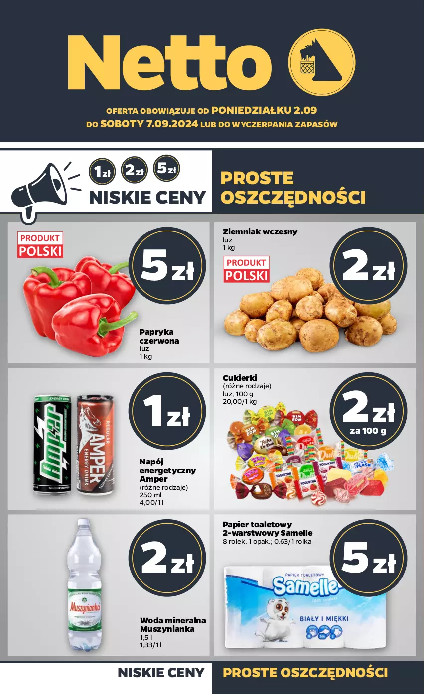 Gazetka promocyjna Netto - Artykuły spożywcze - ważna 02.09 do 07.09.2024 - strona 1 - produkty: Cukier, Cukierki, Mus, Muszynianka, Napój, Napój energetyczny, Papier, Papier toaletowy, Papryka, Papryka czerwona, Woda, Woda mineralna