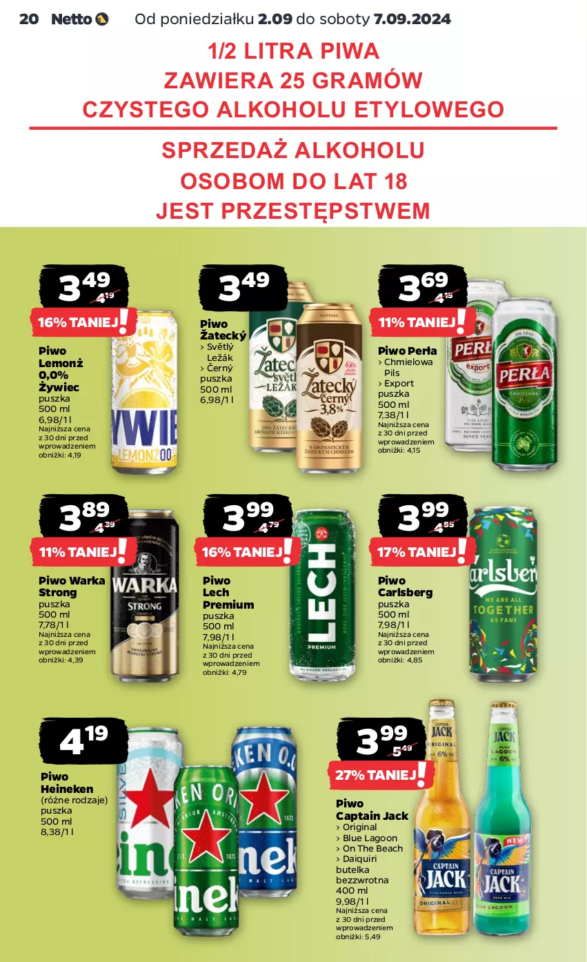 Gazetka promocyjna Netto - Artykuły spożywcze - ważna 02.09 do 07.09.2024 - strona 20 - produkty: Captain Jack, Carlsberg, Gin, Gra, Heineken, Lech Premium, Perła, Piwa, Piwo, Por, Warka