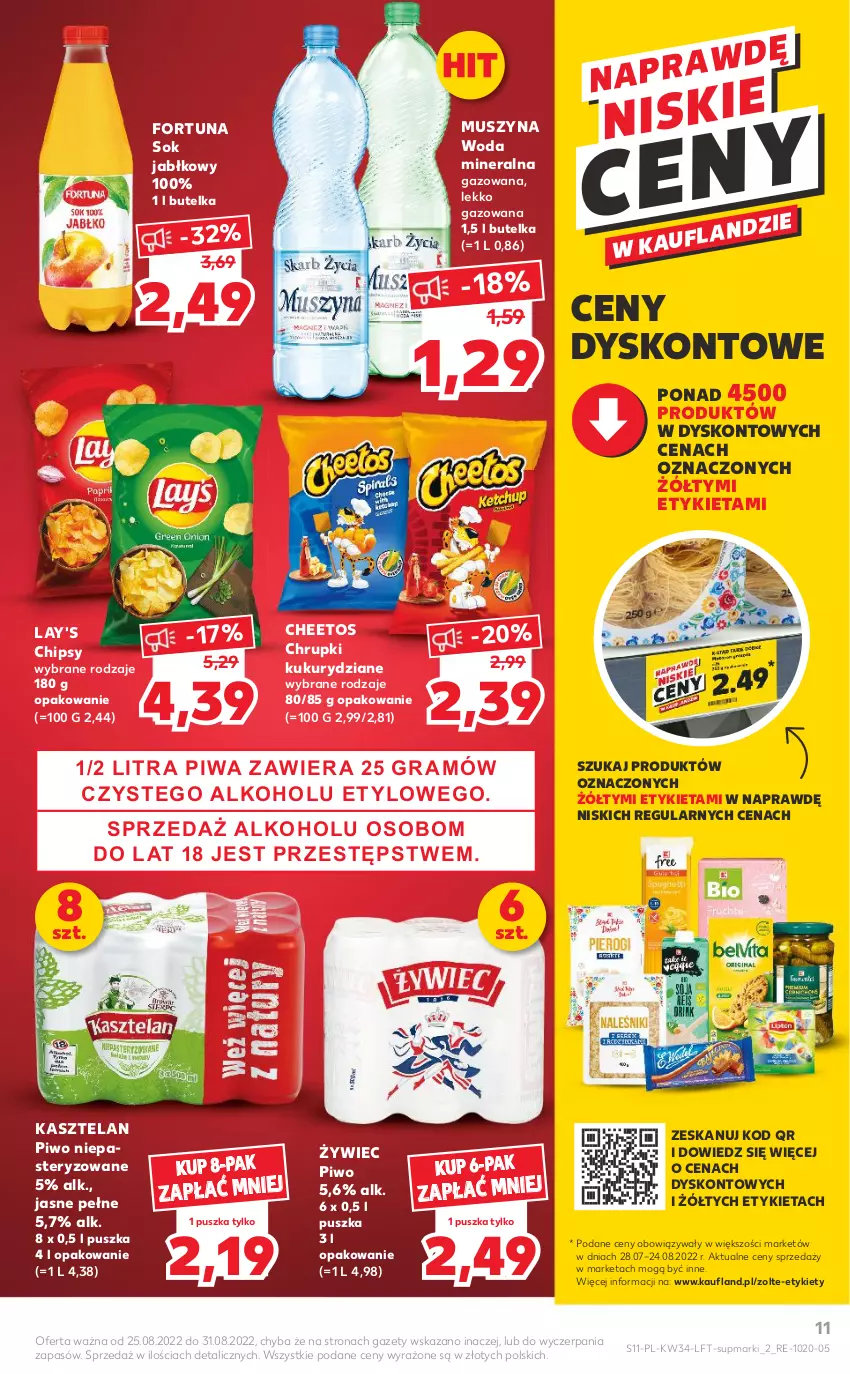 Gazetka promocyjna Kaufland - OFERTA TYGODNIA - ważna 25.08 do 31.08.2022 - strona 11 - produkty: Cheetos, Chipsy, Chrupki, Fortuna, Kasztelan, Mus, Piwa, Piwo, Sok, Sok jabłkowy, Szyna, Woda, Woda mineralna