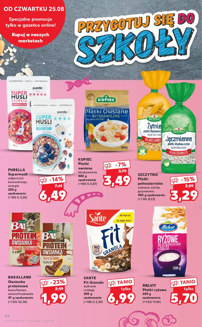 Gazetka promocyjna Kaufland - OFERTA TYGODNIA - ważna 25.08 do 31.08.2022 - strona 26 - produkty: Bakalland, Gra, Granola, Kawa, Kupiec, Melvit, Mus, Owsianka, Piec, Płatki owsiane, Płatki ryżowe, Por, Pur, Ryż, Sante