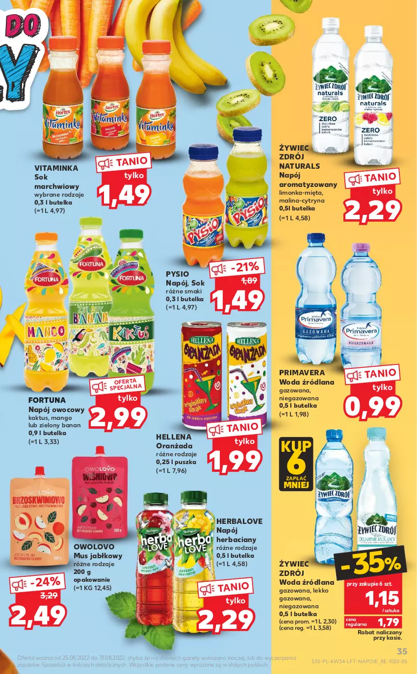 Gazetka promocyjna Kaufland - OFERTA TYGODNIA - ważna 25.08 do 31.08.2022 - strona 35 - produkty: Fortuna, Hellena, Inka, Kaktus, LANA, Limonka, Mango, Mięta, Mus, Napój, Napoje, Oranżada, Prima, Primavera, Sok, Woda