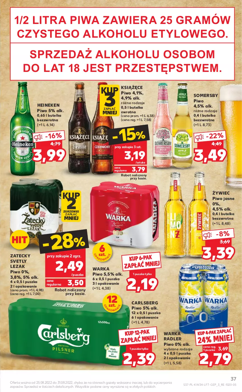 Gazetka promocyjna Kaufland - OFERTA TYGODNIA - ważna 25.08 do 31.08.2022 - strona 37 - produkty: Carlsberg, Gra, Heineken, Książęce, Piwa, Piwo, Piwo jasne, Radler, Somersby, Warka