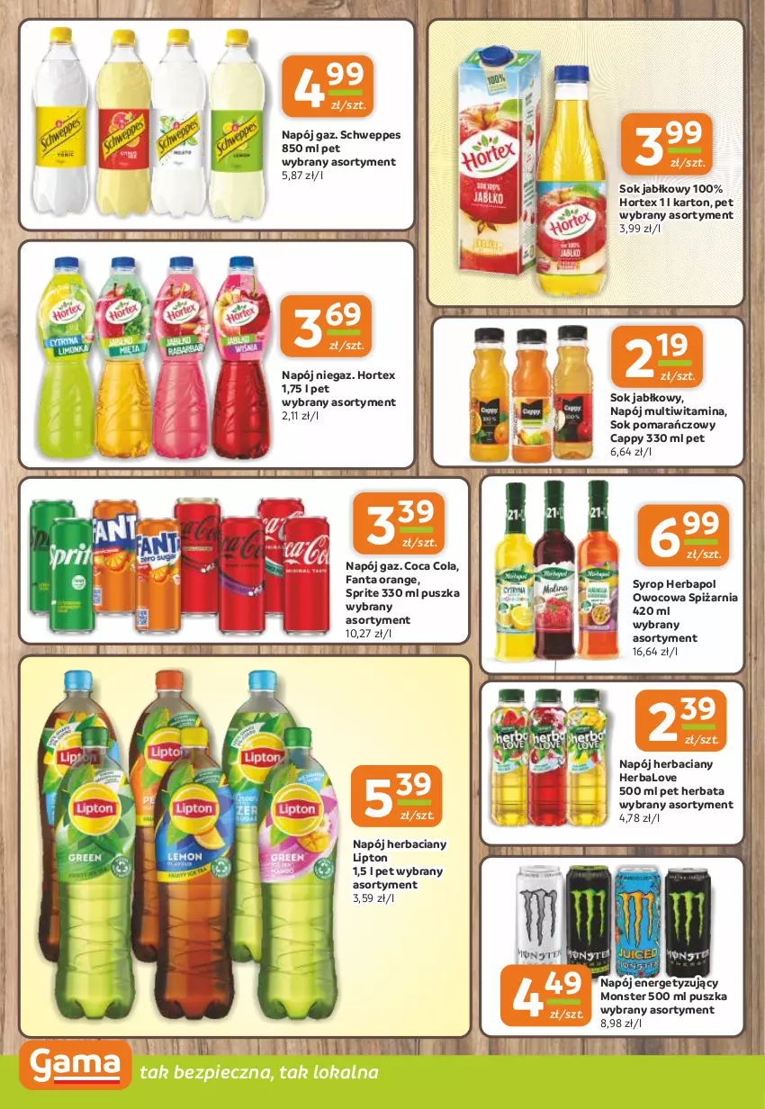 Gazetka promocyjna Gama - Gazetka Gama - ważna 25.07 do 06.08.2024 - strona 10 - produkty: Cappy, Fa, Fanta, Herbapol, Herbata, Hortex, Lipton, Napój, Piec, Schweppes, Sok, Sok jabłkowy, Sok pomarańczowy, Sprite, Syrop