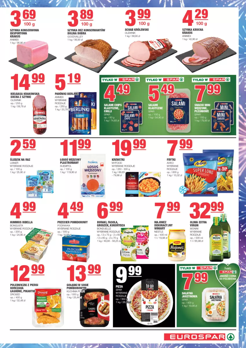 Gazetka promocyjna Spar - EuroSpar - ważna 27.12.2024 do 06.01.2025 - strona 3 - produkty: Bell, Bella, Bonduelle, Buraki, Fa, Fasola, Frytki, Gaga, Gin, Groszek, Hummus, Jaja, Kiełbasa, Kiełbasa krakowska, Krakus, Krewetki, Królewski, Kukurydza, Kurczak, Lisner, Majonez, Monini, Mus, Olewnik, Parówki, Podravka, Por, Ser, Sos, Sport, Suempol, Szynka, Szynka konserwowa, Winiary