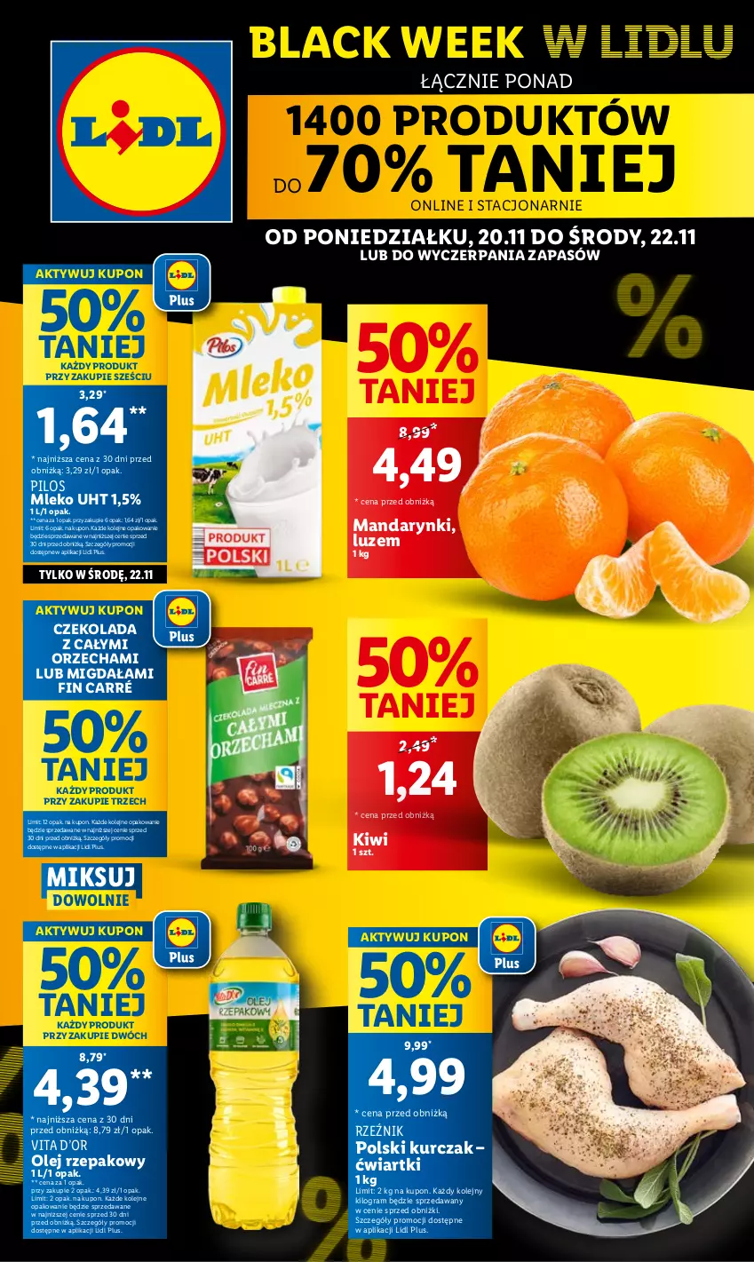 Gazetka promocyjna Lidl - GAZETKA - ważna 20.11 do 22.11.2023 - strona 1 - produkty: Czekolada, Gra, Kiwi, Kurczak, Lack, Mandarynki, Mleko, Olej, Olej rzepakowy, Pilos