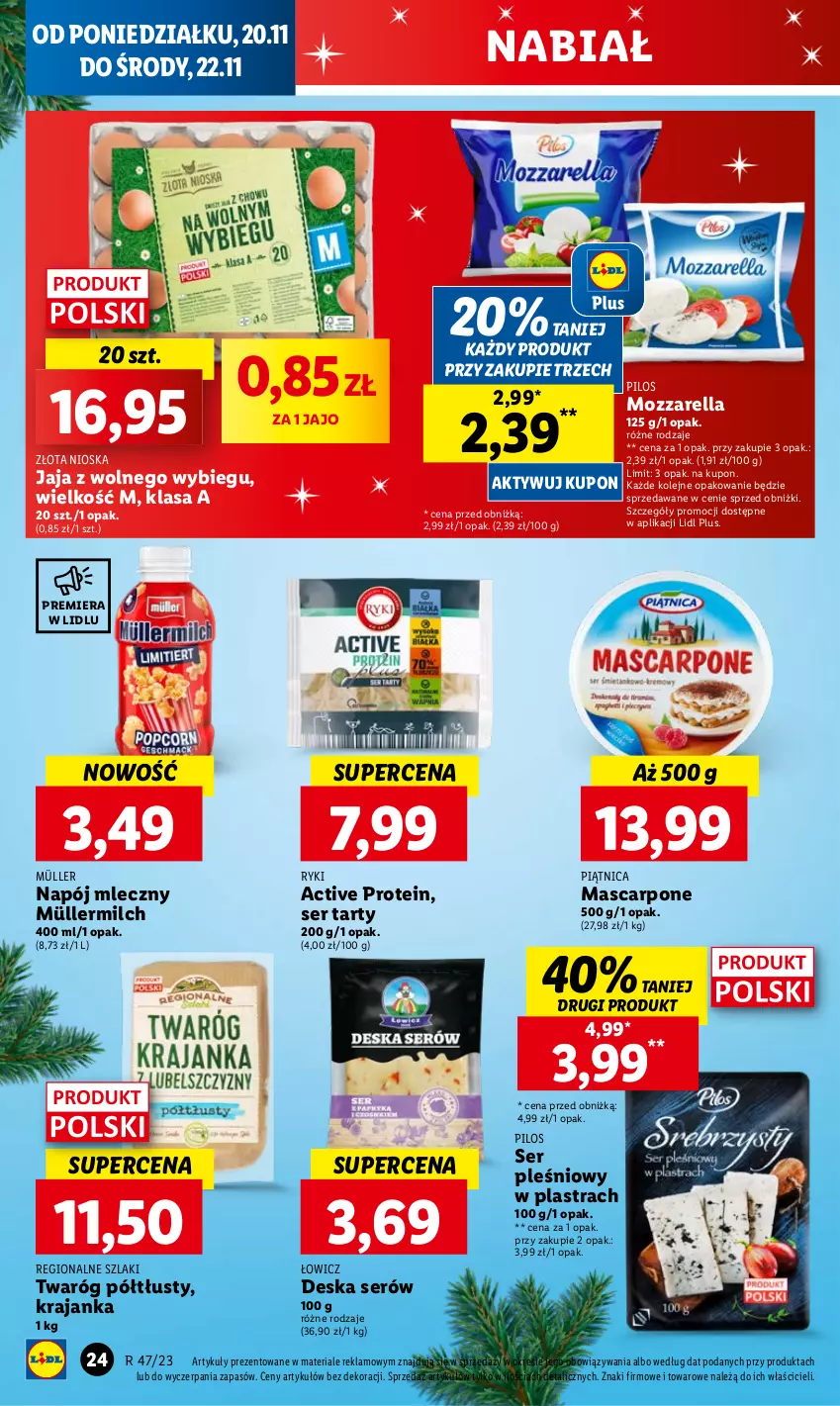 Gazetka promocyjna Lidl - GAZETKA - ważna 20.11 do 22.11.2023 - strona 28 - produkty: Deska serów, Jaja, Jaja z wolnego wybiegu, Mascarpone, Mozzarella, Müller, Müllermilch, Napój, Napój mleczny, Olej, Piątnica, Pilos, Ser, Ser pleśniowy, Twaróg, Twaróg półtłusty