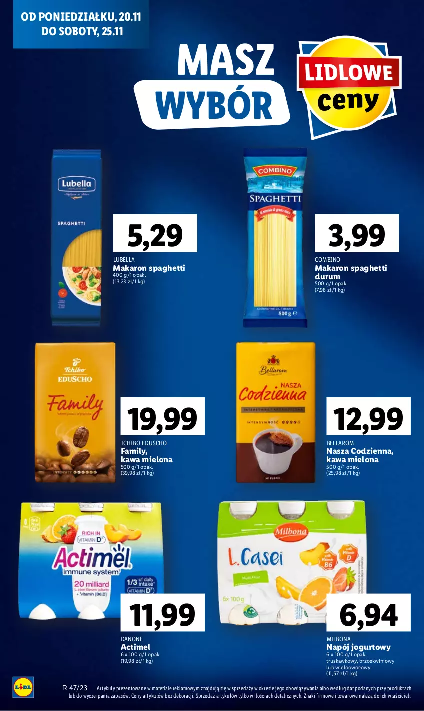 Gazetka promocyjna Lidl - GAZETKA - ważna 20.11 do 22.11.2023 - strona 36 - produkty: Actimel, Bell, Bella, Danone, Fa, Jogurt, Kawa, Kawa mielona, Lubella, Makaron, Napój, Napój jogurtowy, Rum, Spaghetti, Tchibo