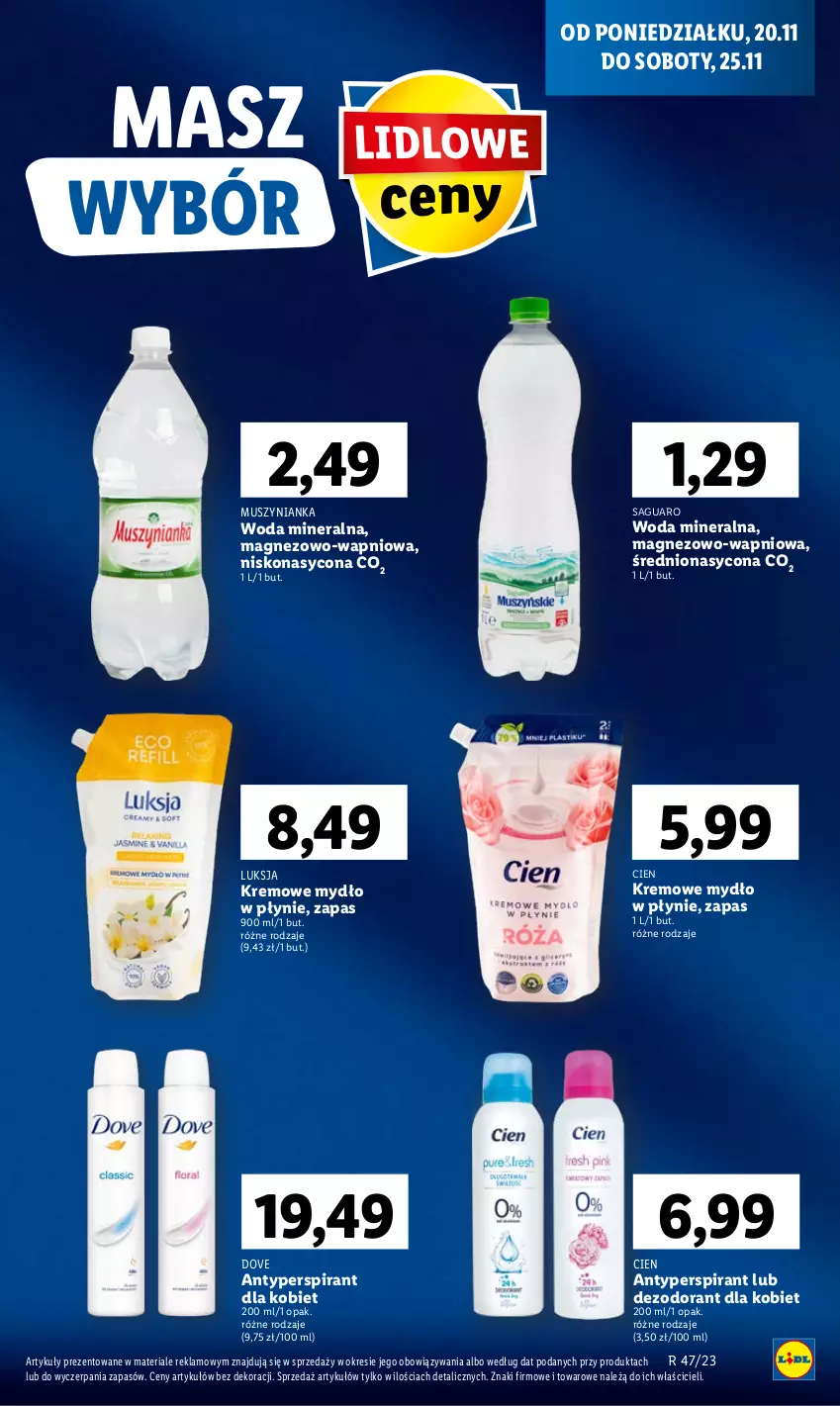 Gazetka promocyjna Lidl - GAZETKA - ważna 20.11 do 22.11.2023 - strona 37 - produkty: Antyperspirant, Dezodorant, Dove, Luksja, Magnez, Mus, Muszynianka, Mydło, Mydło w płynie, Woda, Woda mineralna