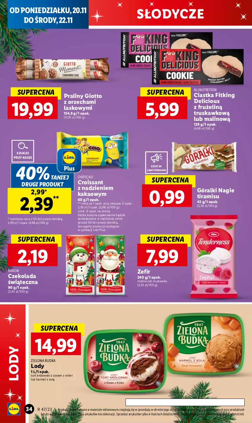 Gazetka promocyjna Lidl - GAZETKA - ważna 20.11 do 22.11.2023 - strona 42 - produkty: Chipicao, Ciastka, Croissant, Czekolada, Góralki, Kakao, Królewski, Lody, Olej, Praliny, Sos, Zielona Budka