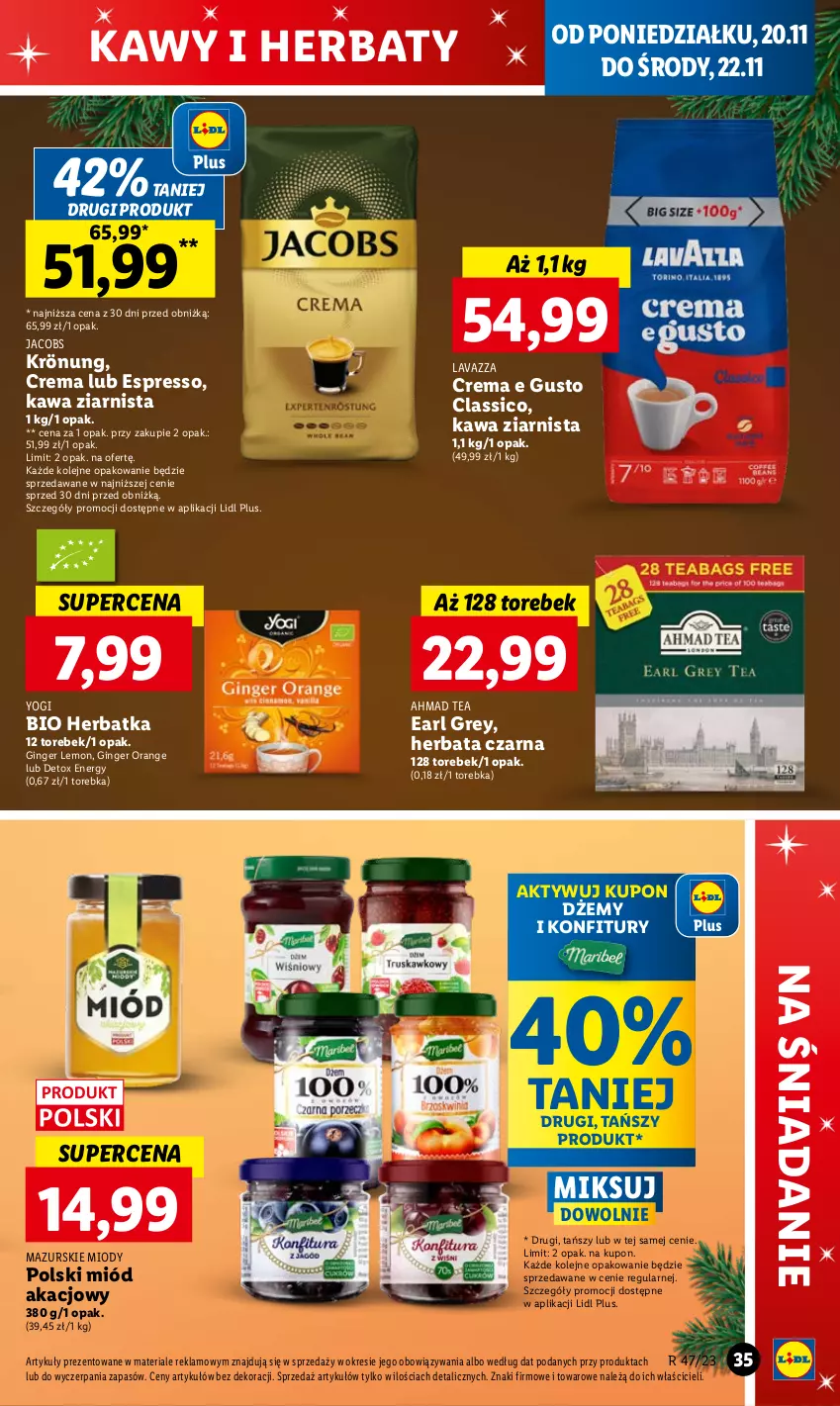 Gazetka promocyjna Lidl - GAZETKA - ważna 20.11 do 22.11.2023 - strona 43 - produkty: Dżem, Earl Grey, Gin, Herbata, Herbata czarna, Jacobs, Jacobs Krönung, Kawa, Kawa ziarnista, Lavazza, Miód, Olej, Torebka