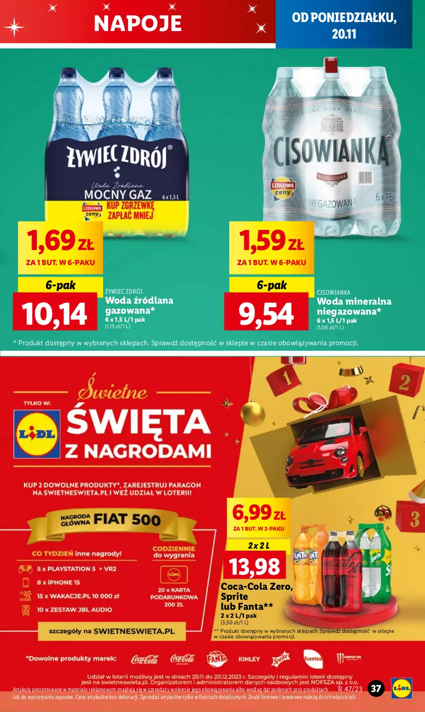 Gazetka promocyjna Lidl - GAZETKA - ważna 20.11 do 22.11.2023 - strona 45 - produkty: Cisowianka, Coca-Cola, Fa, Fanta, LANA, Napoje, Sprite, Woda, Woda mineralna