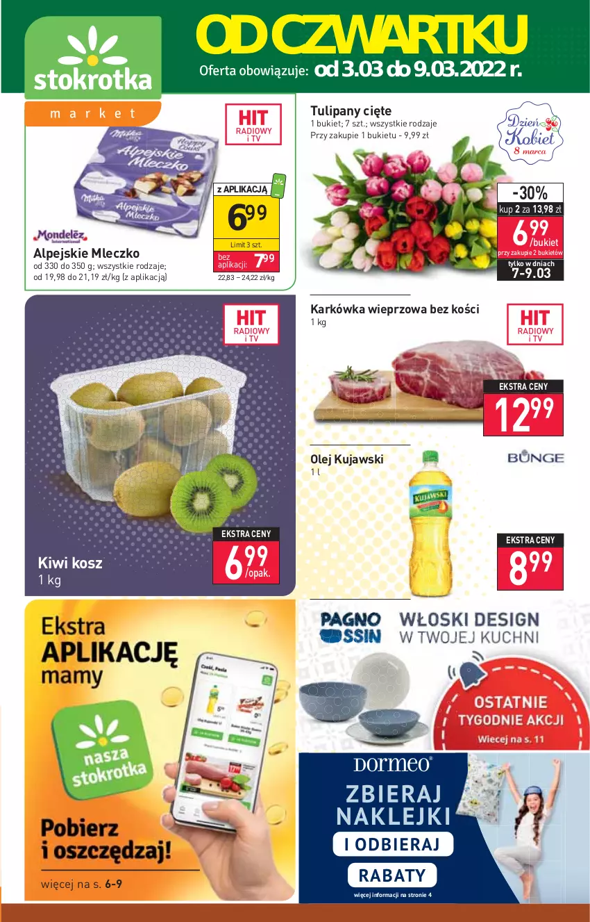 Gazetka promocyjna Stokrotka - Market - ważna 03.03 do 09.03.2022 - strona 1 - produkty: Bukiet, Karkówka wieprzowa, Kiwi, Kosz, Kujawski, Mleczko, Olej, Tulipan