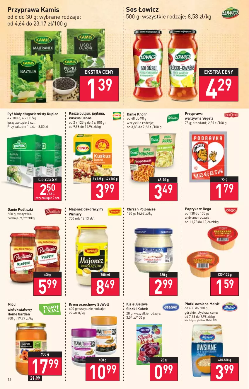 Gazetka promocyjna Stokrotka - Market - ważna 03.03 do 09.03.2022 - strona 12 - produkty: Bulgur, Cenos, Chrzan, Dega, Gra, Kamis, Kasza, Kisiel, Knorr, Krem orzechowy, Kubek, Kupiec, Kuskus, LANA, LG, Majonez, Melvit, Miód, Papryka, Paprykarz, Piec, Piwa, Płatki owsiane, Pudliszki, Ryż, Ryż biały, Sos, Vegeta, Winiary