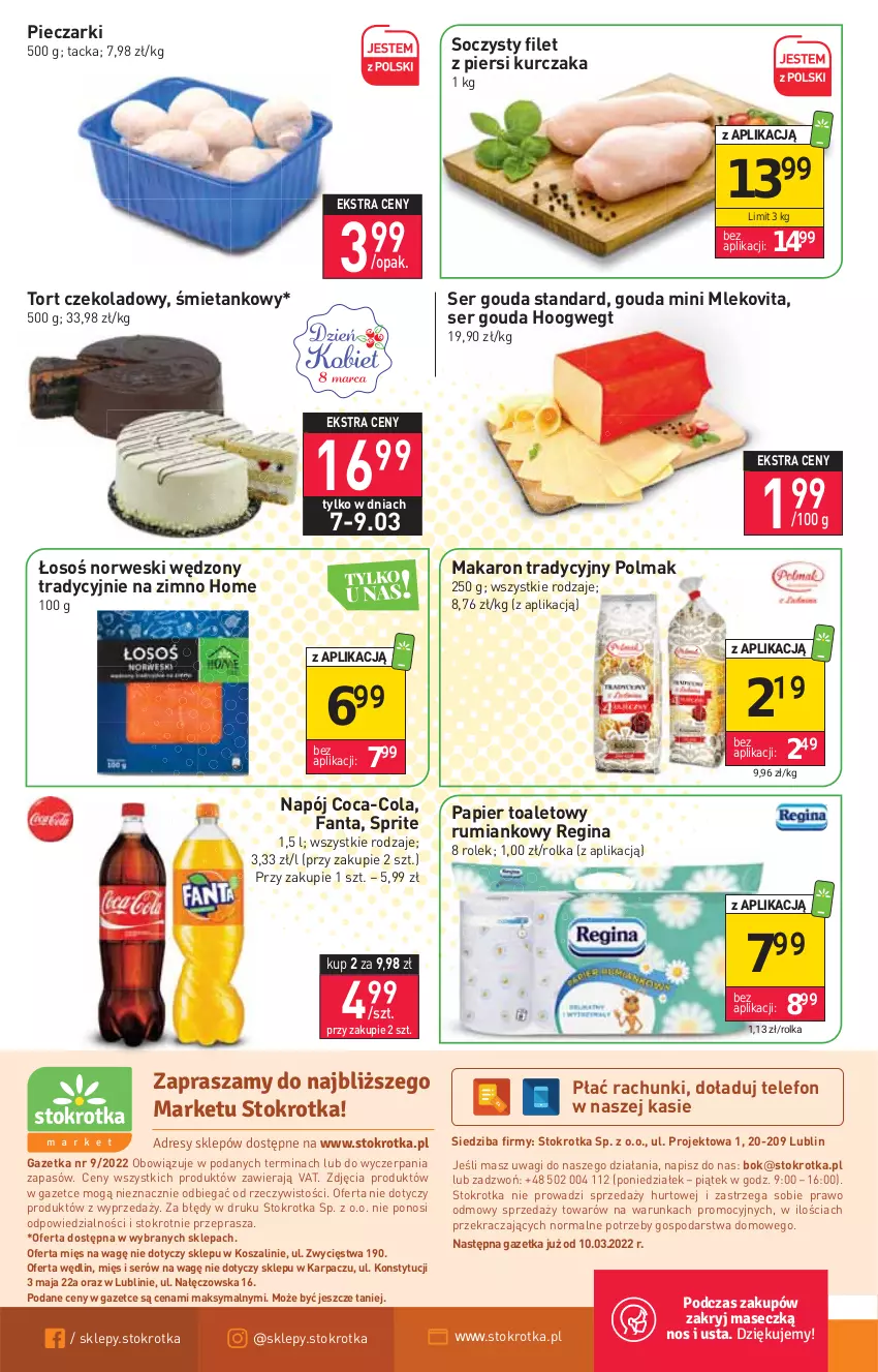 Gazetka promocyjna Stokrotka - Market - ważna 03.03 do 09.03.2022 - strona 16 - produkty: Coca-Cola, Fa, Fanta, Filet z piersi kurczaka, Gin, Gouda, Karp, Kosz, Kurczak, Makaron, Mleko, Mlekovita, Napój, O nas, Olma, Papier, Papier toaletowy, Piec, Rum, Ser, Sprite, Szal, Telefon, Wagi