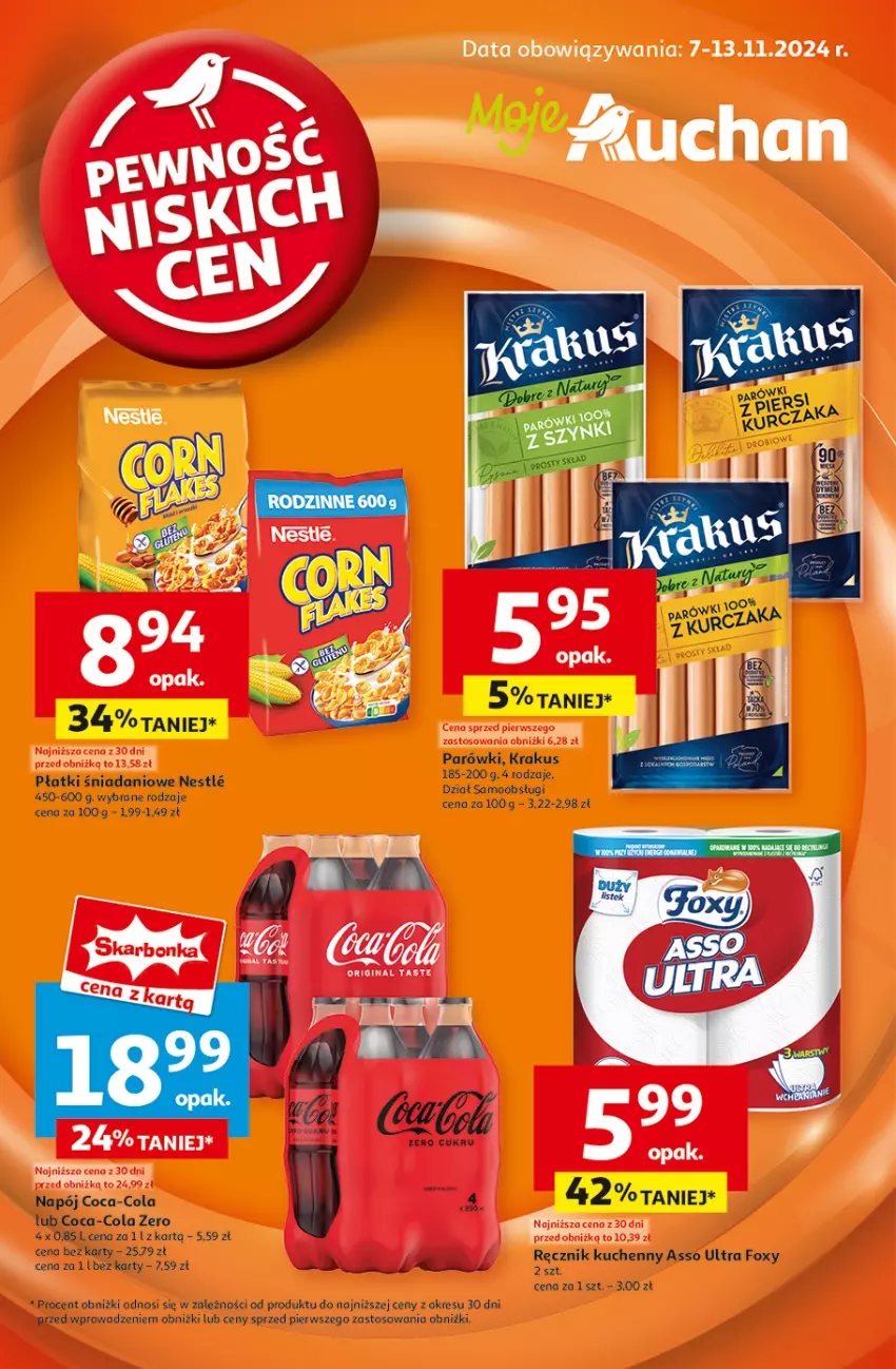 Gazetka promocyjna Auchan - Gazetka Pewność Niskich Cen Moje Auchan - ważna 07.11 do 13.11.2024 - strona 1 - produkty: Coca-Cola, Danio, Gin, Krakus, Napój, Parówki