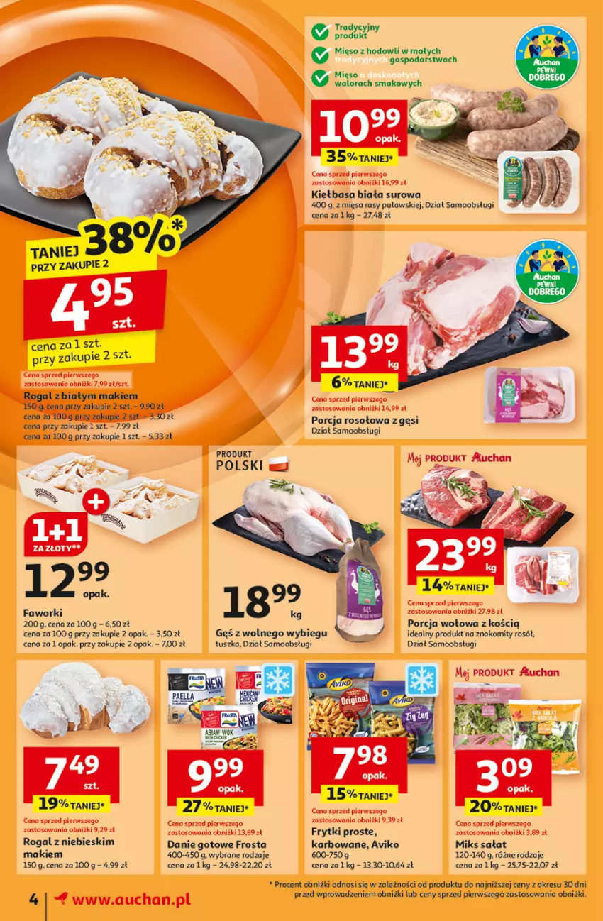 Gazetka promocyjna Auchan - Gazetka Pewność Niskich Cen Moje Auchan - ważna 07.11 do 13.11.2024 - strona 6 - produkty: Danie gotowe, Fa, Faworki, Frosta, Frytki, Kiełbasa, Kiełbasa biała, Mięso, Por, Rogal, Rosół, Sałat, Tusz