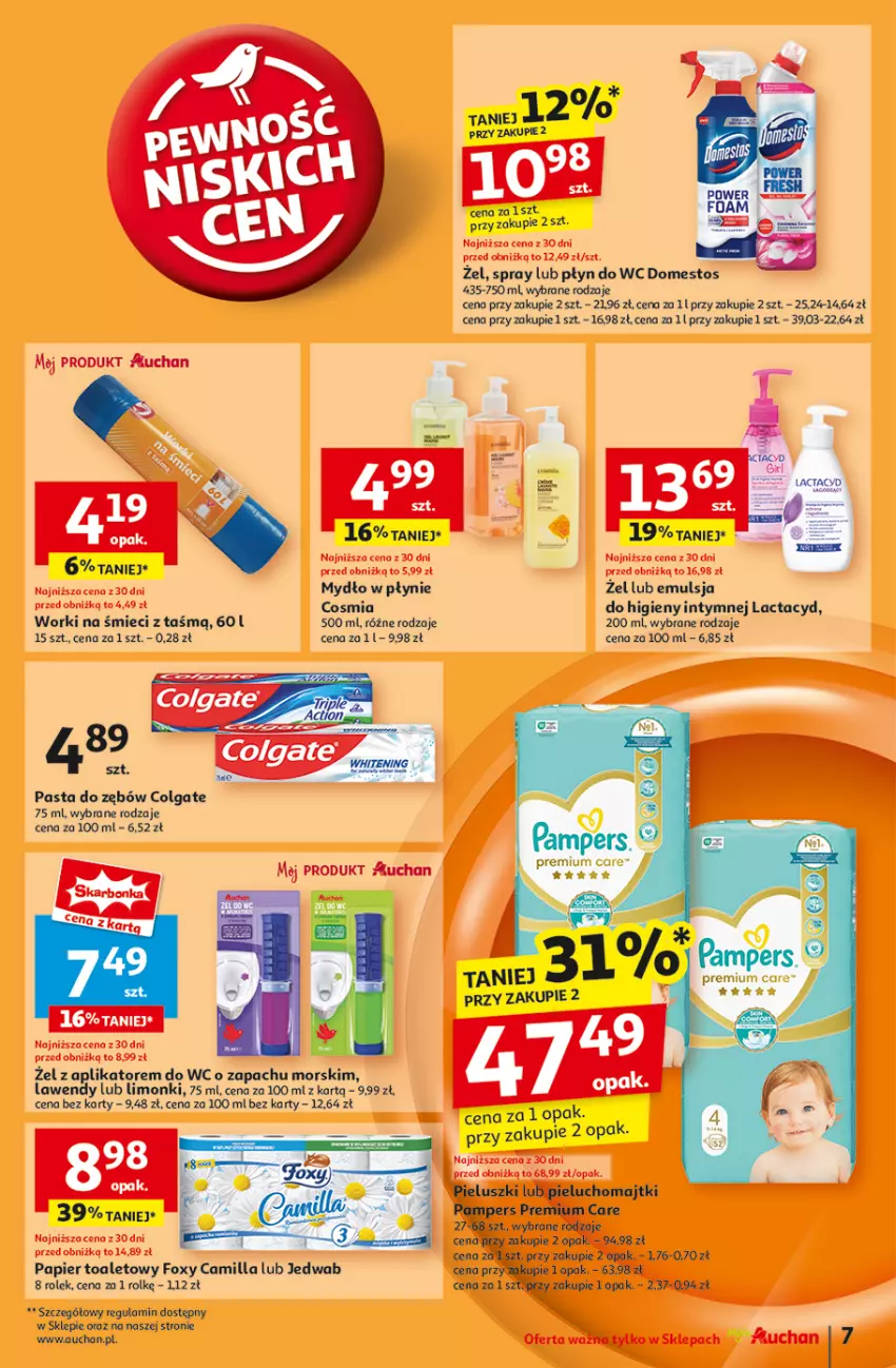 Gazetka promocyjna Auchan - Gazetka Pewność Niskich Cen Moje Auchan - ważna 07.11 do 13.11.2024 - strona 9 - produkty: Colgate, Domestos, Emulsja, Foxy, Lactacyd, LG, Mydło, Mydło w płynie, Papier, Papier toaletowy, Płyn do wc, Worki na śmiec, Worki na śmieci