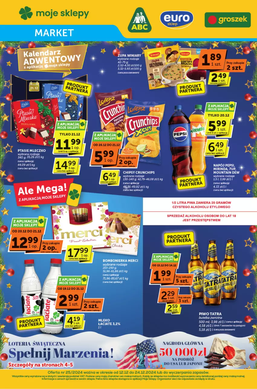 Gazetka promocyjna ABC - ważna 12.12 do 24.12.2024 - strona 1 - produkty: 7up, Chipsy, Crunchips, Gra, Mirinda, Mleczko, Napój, Pepsi, Piwa, Piwo, Ptasie mleczko, Tatra, Winiary, Zupa