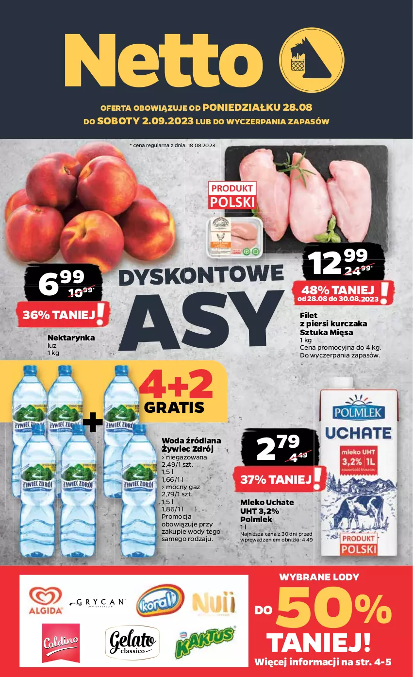 Gazetka promocyjna Netto - Artykuły spożywcze - ważna 28.08 do 02.09.2023 - strona 1 - produkty: Filet z piersi kurczaka, Gra, Kurczak, LANA, Lody, Mleko, Nektar, Nektarynka, POLMLEK, Woda