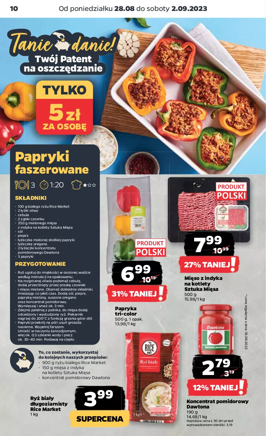 Gazetka promocyjna Netto - Artykuły spożywcze - ważna 28.08 do 02.09.2023 - strona 10 - produkty: Cebula, Czosnek, Dawtona, Fa, Koncentrat pomidorowy, Kotlet, Lanki, Mięso, Mięso mielone, Mięso z indyka, Olej, Papryka, Piec, Piekarnik, Pieprz, Por, Ryż, Ryż biały, Sól