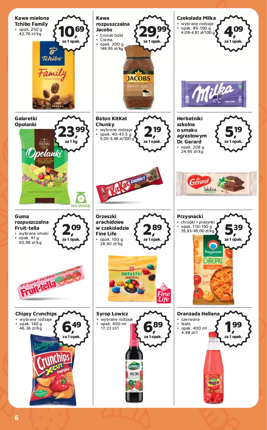 Gazetka promocyjna Odido - Gazetka - ważna 28.07 do 10.08.2023 - strona 6 - produkty: Baton, Chipsy, Chrupki, Crunchips, Czekolada, Fa, Gala, Galaretki, Gres, Guma rozpuszczalna, Hellena, Herbatniki, Jacobs, Kawa, Kawa mielona, Kawa rozpuszczalna, Lanki, Milka, Oranżada, Orzeszki, Przysnacki, Syrop, Tchibo, Tchibo Family