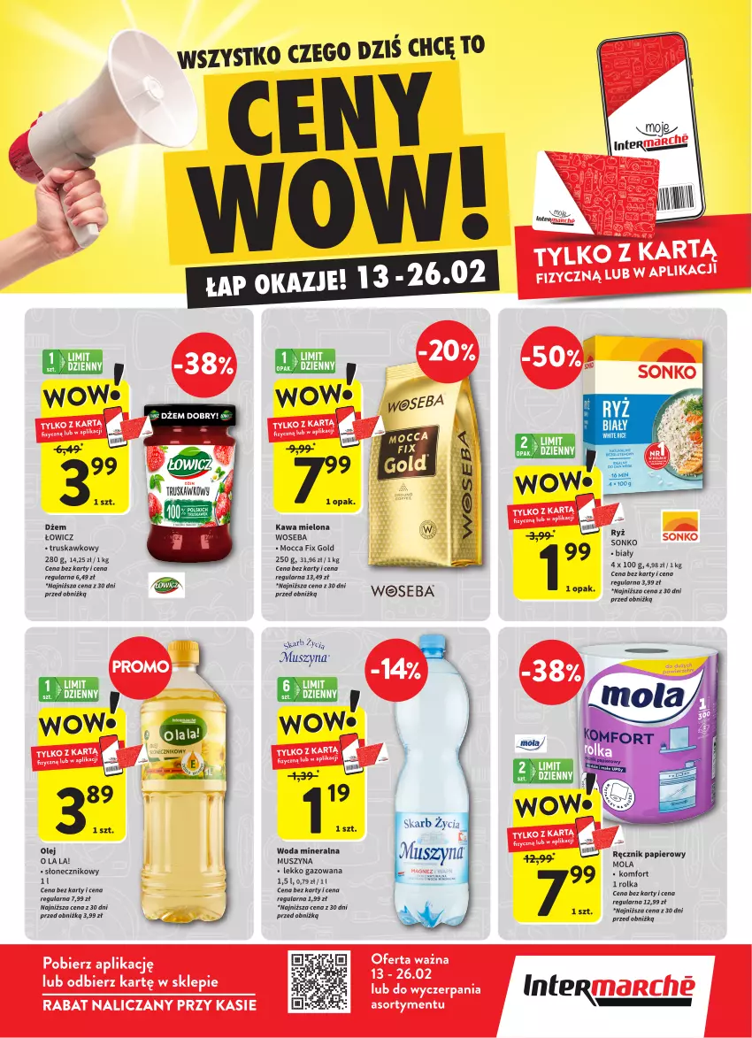 Gazetka promocyjna Intermarche - Gazetka Intermarche - ważna 13.02 do 26.02.2025 - strona 1 - produkty: Dżem, Kawa, Kawa mielona, Mocca Fix Gold, Mola, Mus, Olej, Papier, Ręcznik, Ryż, Sonko, Szyna, Woda, Woda mineralna, Woseba