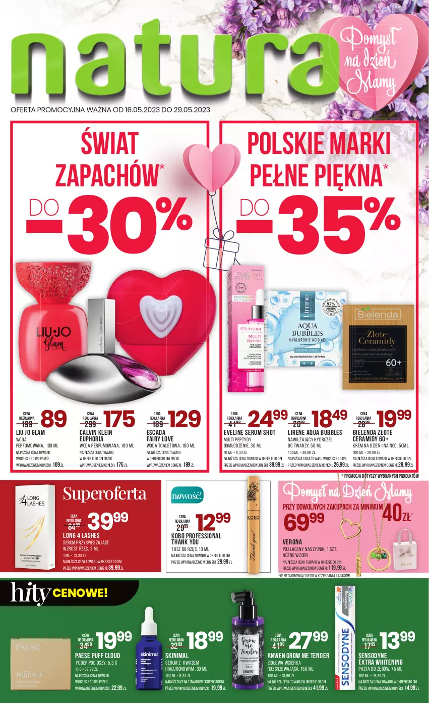 Gazetka promocyjna Drogerie Natura - Gazetka Drogerie Natura - ważna 16.05 do 29.05.2023 - strona 1 - produkty: Bielenda, Calvin Klein, Escada, Eveline, Fa, Fairy, KOBO, Krem na dzień, Krem na dzień i na noc, Lirene, Long 4 Lashes, Naszyjnik, PAESE, Pasta do zębów, Perfum, Puder, Puf, Rum, Sensodyne, Ser, Serum, Tusz, Woda, Woda perfumowana, Woda toaletowa