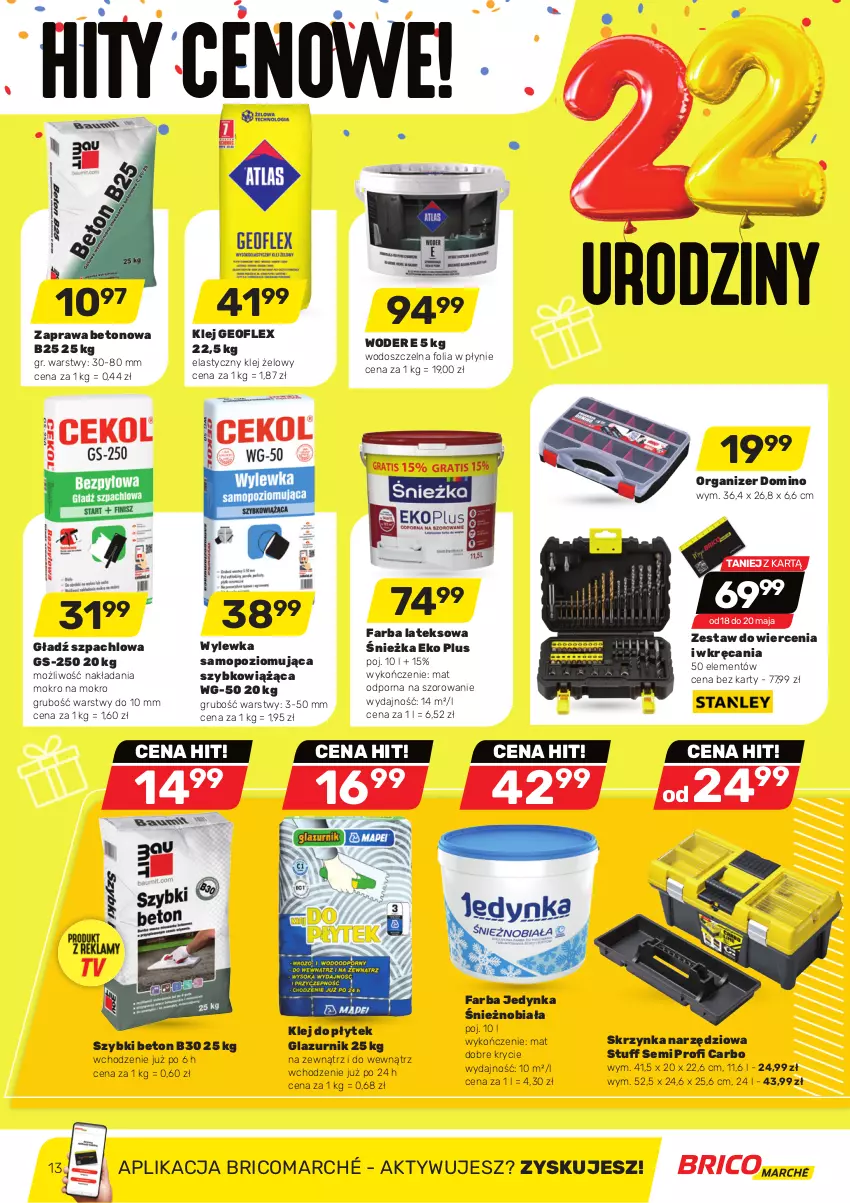 Gazetka promocyjna Bricomarche - Gazetka - ważna 18.05 do 28.05.2022 - strona 13 - produkty: Fa, Farba lateksowa, Geoflex, Gładź szpachlowa, Klej, Lazur, Mop, Organizer, Por, Skrzynka narzędziowa, Wylewka samopoziomująca