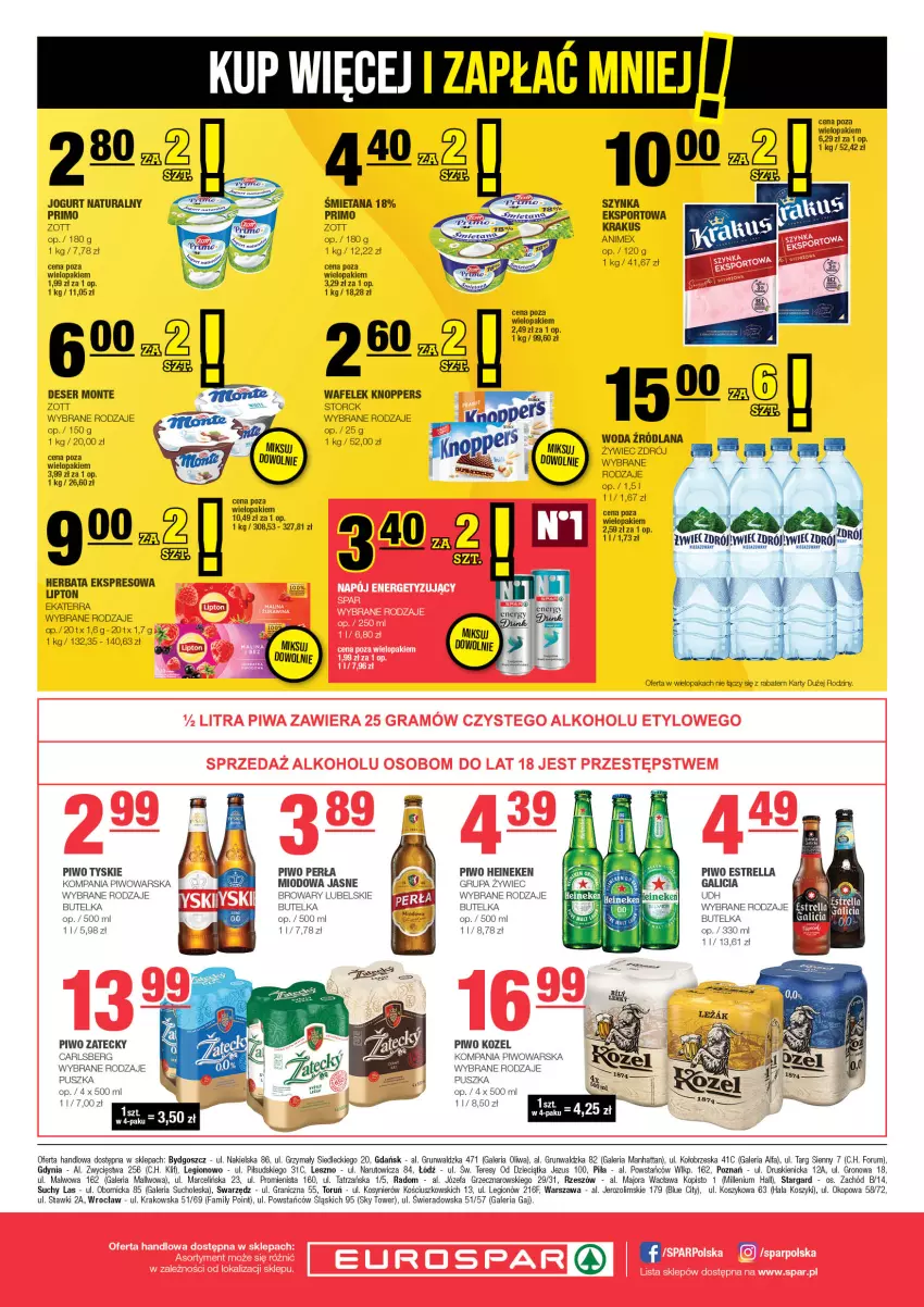 Gazetka promocyjna Spar - EuroSpar - ważna 09.02 do 19.02.2025 - strona 8 - produkty: Carlsberg, Deser, Dzieci, Fa, Gra, Heineken, Herbata, Jogurt, Jogurt naturalny, Knoppers, Kosz, Kozel, Krakus, LANA, Lipton, Monte, Perła, Piwo, Por, Rum, Ser, Sport, Szynka, Top, Tyskie, Wafelek, Woda, Zott