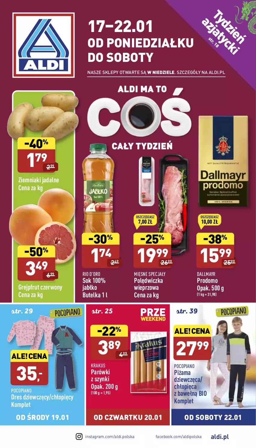 Gazetka promocyjna Aldi - Pełny katalog - ważna 17.01 do 22.01.2022 - strona 1 - produkty: Dallmayr, Dres, Fa, Gra, Grejpfrut, Krakus, Mięsne specjały, Parówki, Parówki z szynki, Piżama, Pocopiano, Polędwiczka wieprzowa, Sok, Ziemniaki