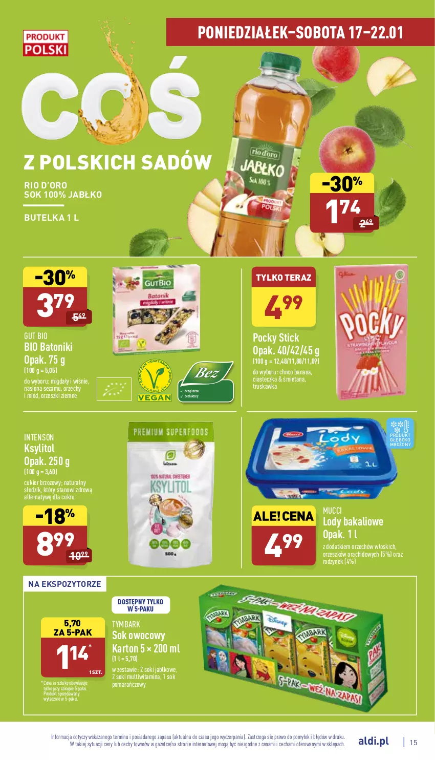 Gazetka promocyjna Aldi - Pełny katalog - ważna 17.01 do 22.01.2022 - strona 15 - produkty: Baton, Bio Batonik, Cukier, Ksylitol, Lody, Migdały, Miód, Orzeszki, Orzeszki ziemne, Sezam, Sok, Sok pomarańczowy, Tera, Tonik, Tymbark