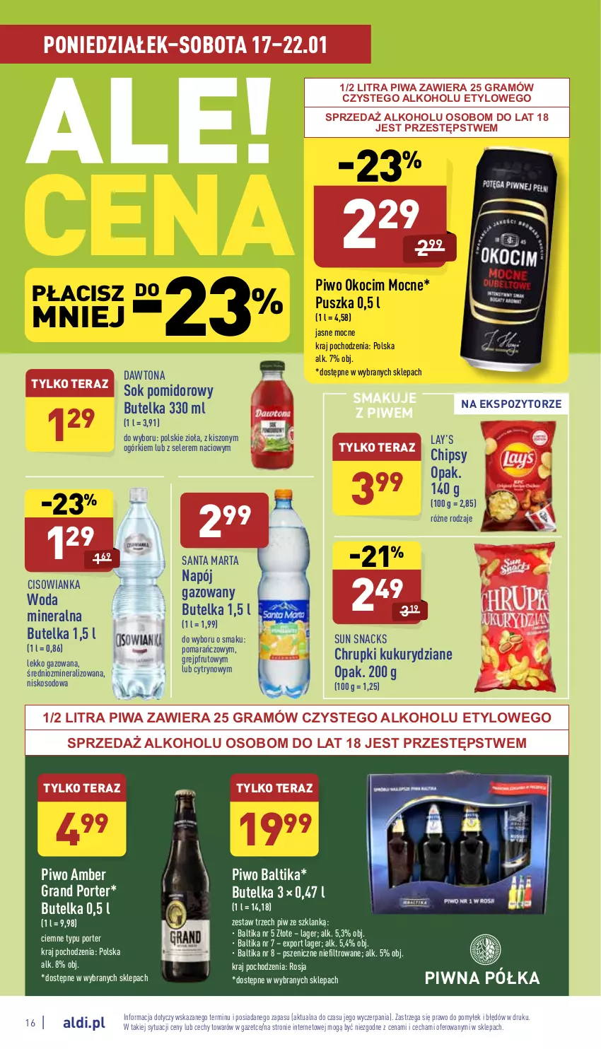 Gazetka promocyjna Aldi - Pełny katalog - ważna 17.01 do 22.01.2022 - strona 16 - produkty: Chipsy, Chrupki, Cisowianka, Dawtona, Gra, Grejpfrut, Koc, Lay’s, Napój, Napój gazowany, Okocim, Piwa, Piwo, Półka, Por, Sok, Sok pomidorowy, Tera, Woda, Woda mineralna