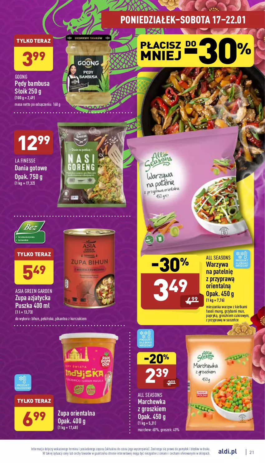 Gazetka promocyjna Aldi - Pełny katalog - ważna 17.01 do 22.01.2022 - strona 21 - produkty: All Seasons, Dania gotowe, Fa, Fasoli mung, Groszek, Kurczak, Marchewka, Mieszanka warzyw, Pędy bambusa, Tera, Warzywa, Zupa