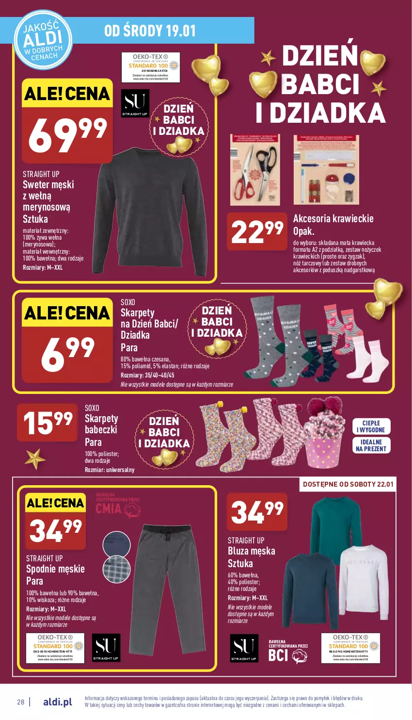 Gazetka promocyjna Aldi - Pełny katalog - ważna 17.01 do 22.01.2022 - strona 28 - produkty: Babeczki, Bluza, Karp, Noż, Spodnie, Sweter, Wełna