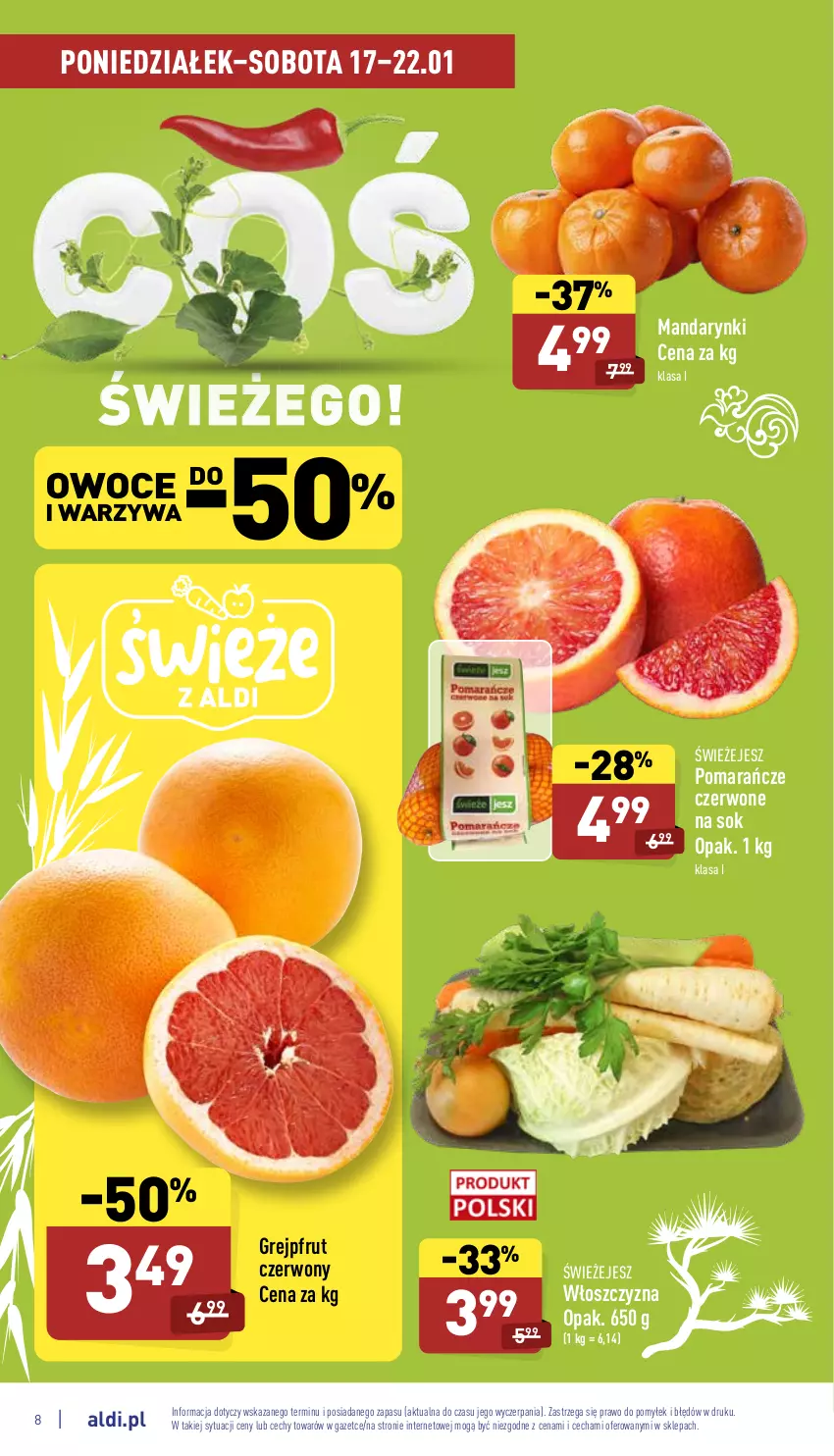 Gazetka promocyjna Aldi - Pełny katalog - ważna 17.01 do 22.01.2022 - strona 8 - produkty: Grejpfrut, Mandarynki, Owoce, Pomarańcze, Sok, Warzywa