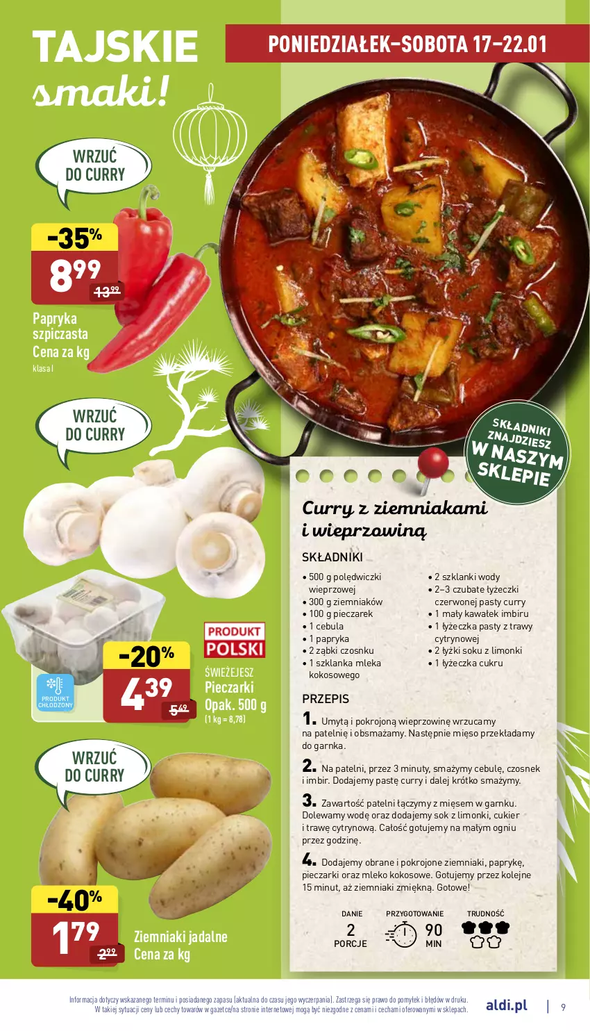 Gazetka promocyjna Aldi - Pełny katalog - ważna 17.01 do 22.01.2022 - strona 9 - produkty: Cebula, Cukier, Czosnek, Imbir, Kawa, Kokos, Lanki, Mięso, Mleko, Mleko kokosowe, Nuty, Olej, Papryka, Piec, Por, Sok, Szklanka, Szpic, Wałek, Ziemniaki