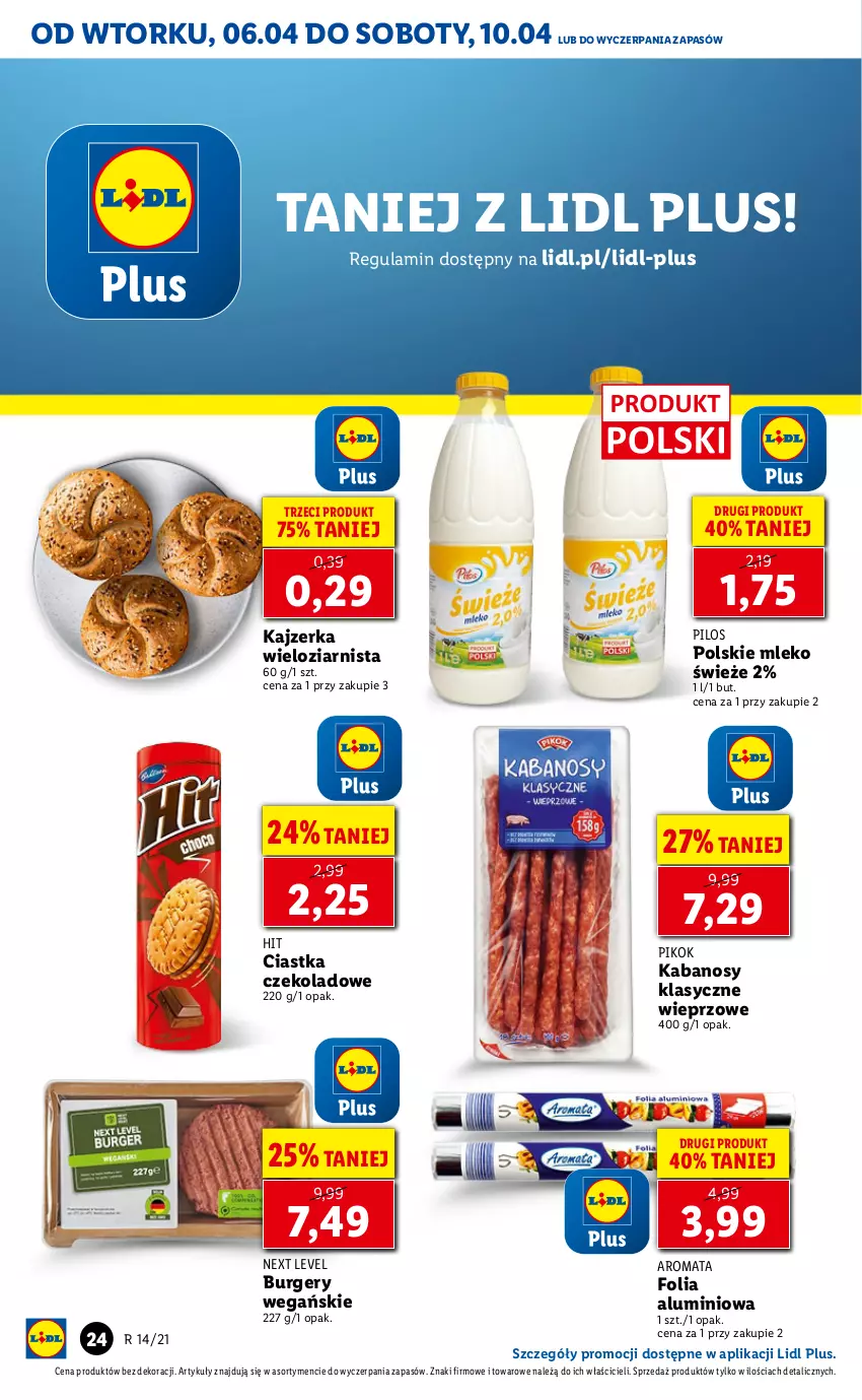 Gazetka promocyjna Lidl - GAZETKA - ważna 06.04 do 07.04.2021 - strona 24 - produkty: Burger, Ciastka, Folia aluminiowa, Kabanos, Kajzerka, Mleko, PIKOK, Pilos