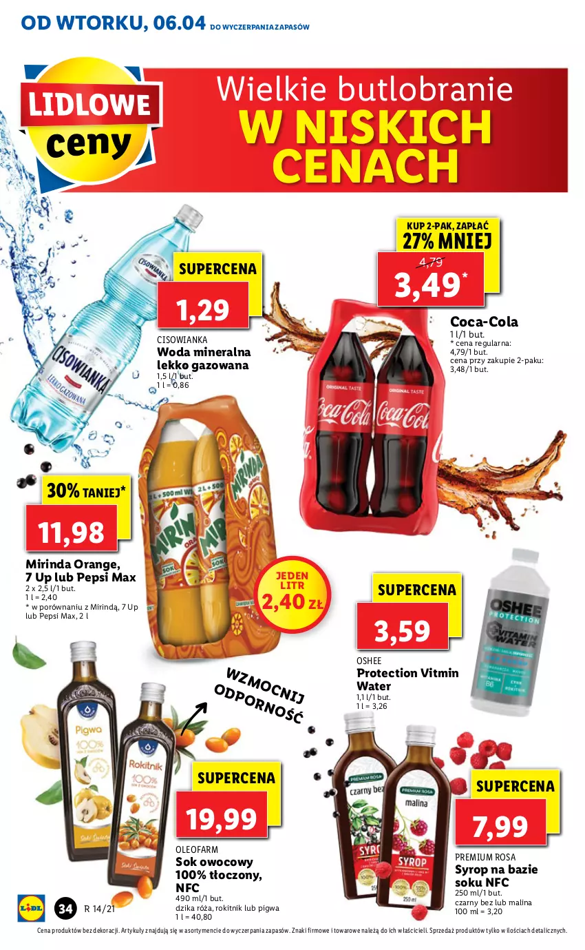 Gazetka promocyjna Lidl - GAZETKA - ważna 06.04 do 07.04.2021 - strona 34 - produkty: Cisowianka, Coca-Cola, Dzika róża, Fa, Mirinda, Oleo, Oleofarm, Oshee, Pepsi, Pepsi max, Por, Róża, Sok, Syrop, Woda, Woda mineralna