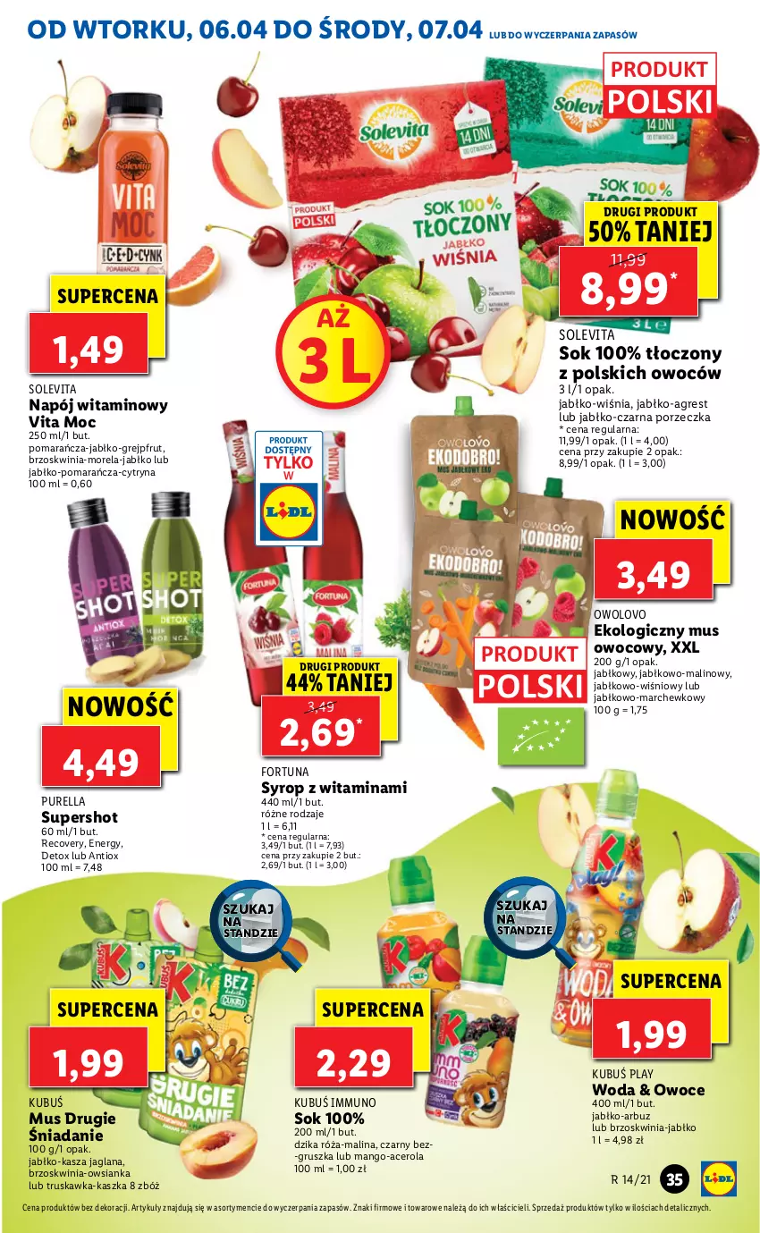 Gazetka promocyjna Lidl - GAZETKA - ważna 06.04 do 07.04.2021 - strona 35 - produkty: Acer, Arbuz, Dzika róża, Fortuna, Grejpfrut, Gres, Kasza, Kasza jaglana, Kubuś, LANA, Mango, Morela, Mus, Napój, Owoce, Owsianka, Por, Pur, Róża, Sok, Syrop, Woda