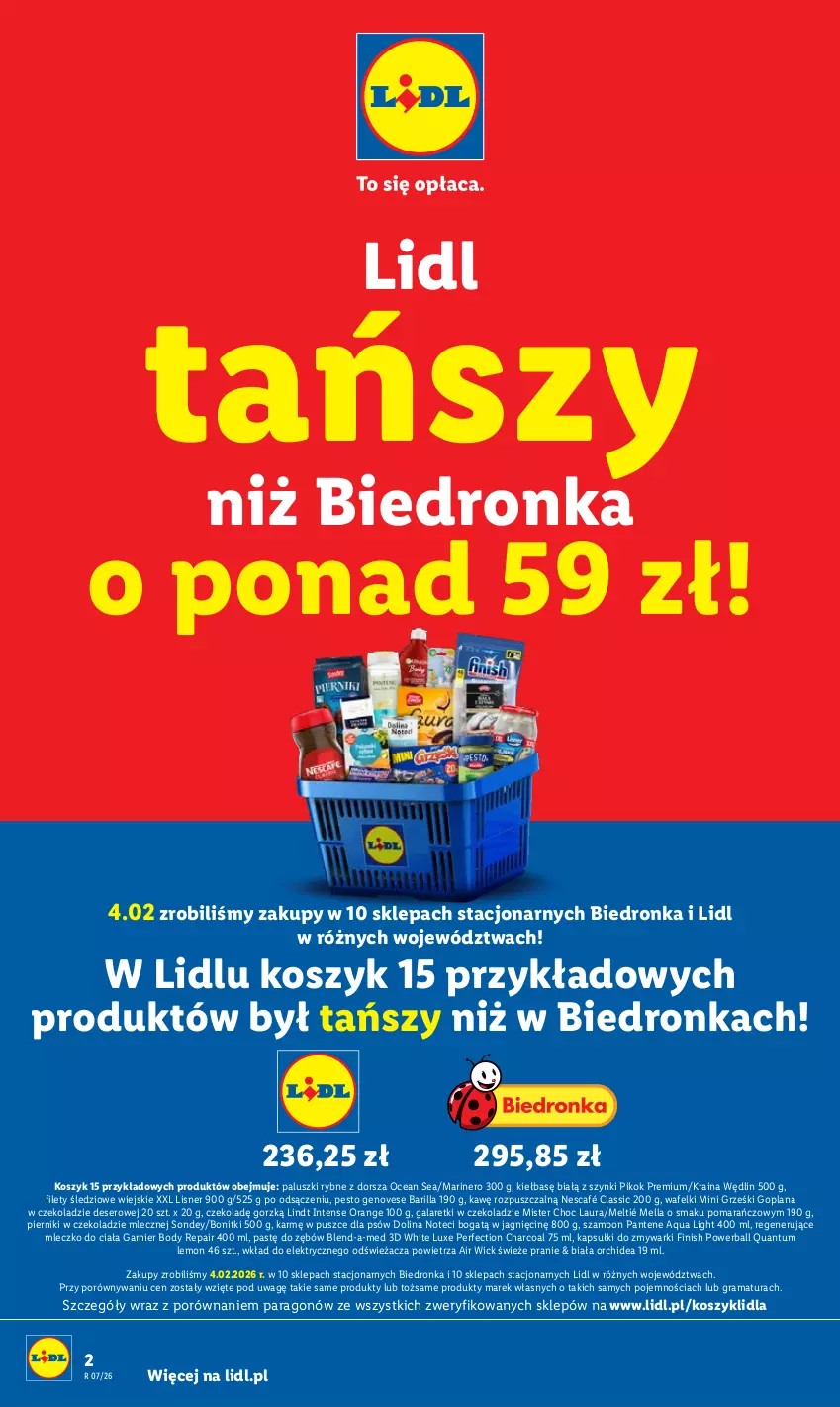 Gazetka promocyjna Lidl - GAZETKA - ważna 12.02 do 14.02.2026 - strona 2 - produkty: Air Wick, Barilla, Blend-a-Med, Body, Bonitki, Deser, Dorsz, Dron, Finish, Gala, Galaretki, Garnier, Goplana, Gra, Grześki, Kosz, LANA, Laur, Lindt, Lisner, Mini Grześki, Mleczko, Mleczko do ciała, Nescafé, Paluszki rybne, Pantene, Pesto, Piernik, Pierniki w czekoladzie, PIKOK, Por, Rama, Ser, Szampon, Zmywarki