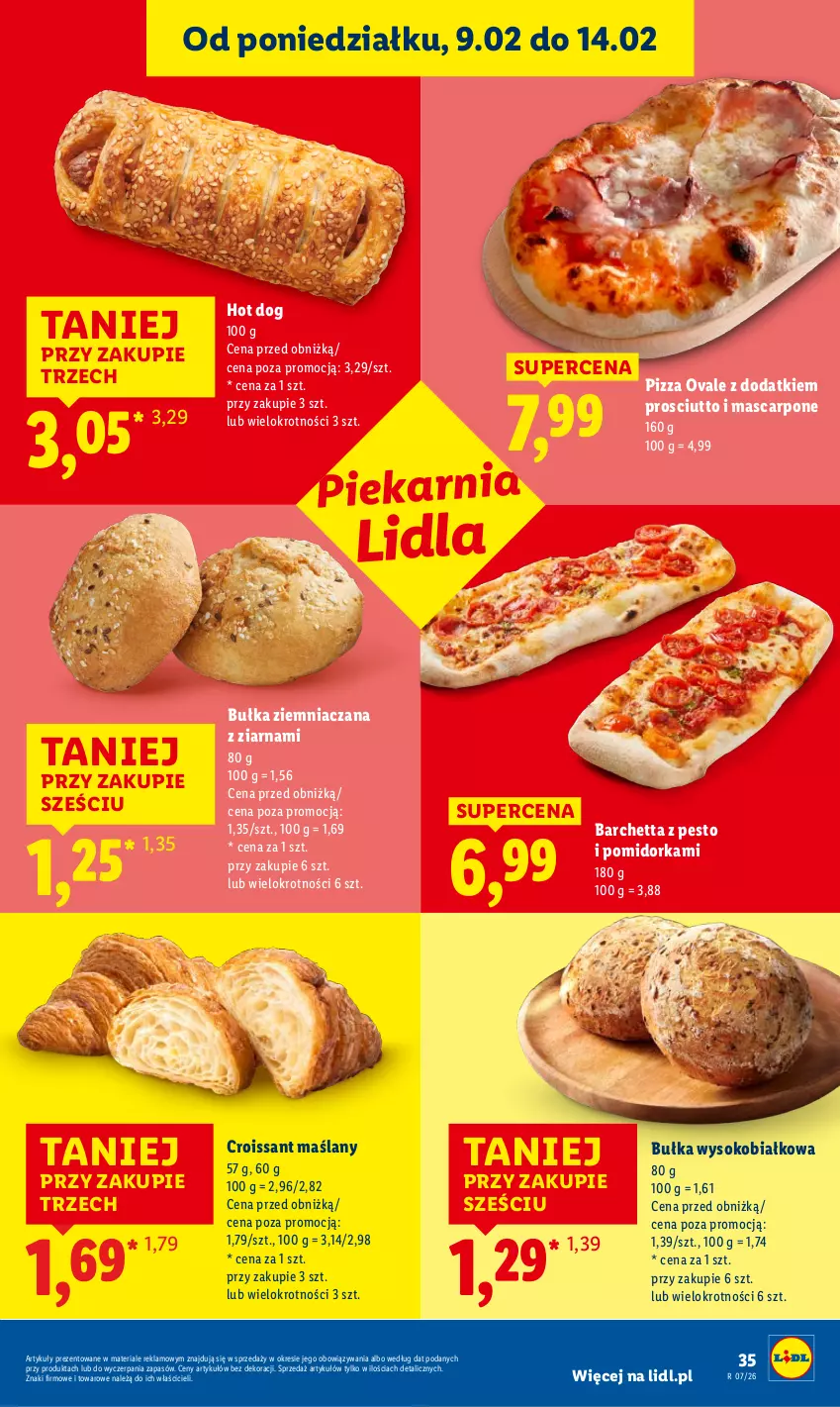 Gazetka promocyjna Lidl - GAZETKA - ważna 12.02 do 14.02.2026 - strona 35 - produkty: Bułka, Croissant, Hot dog, Mascarpone, Orka, Pesto, Pizza, Prosciutto, Sok